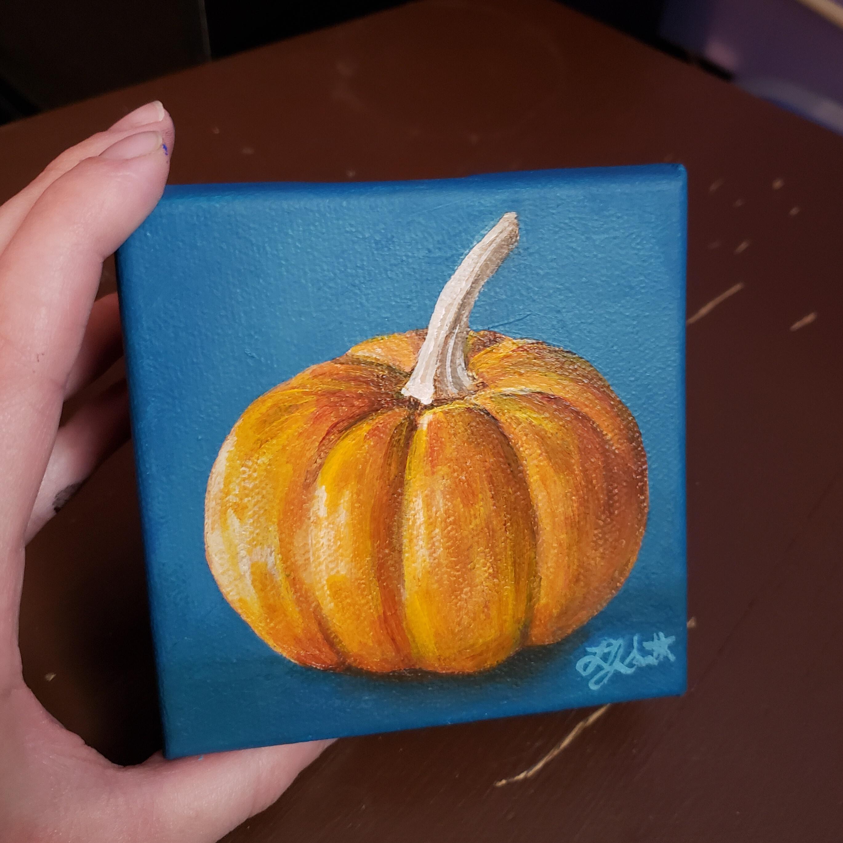 Blue Teal Pumpkin 2024 Canvas Painting Hand Painted Halloween