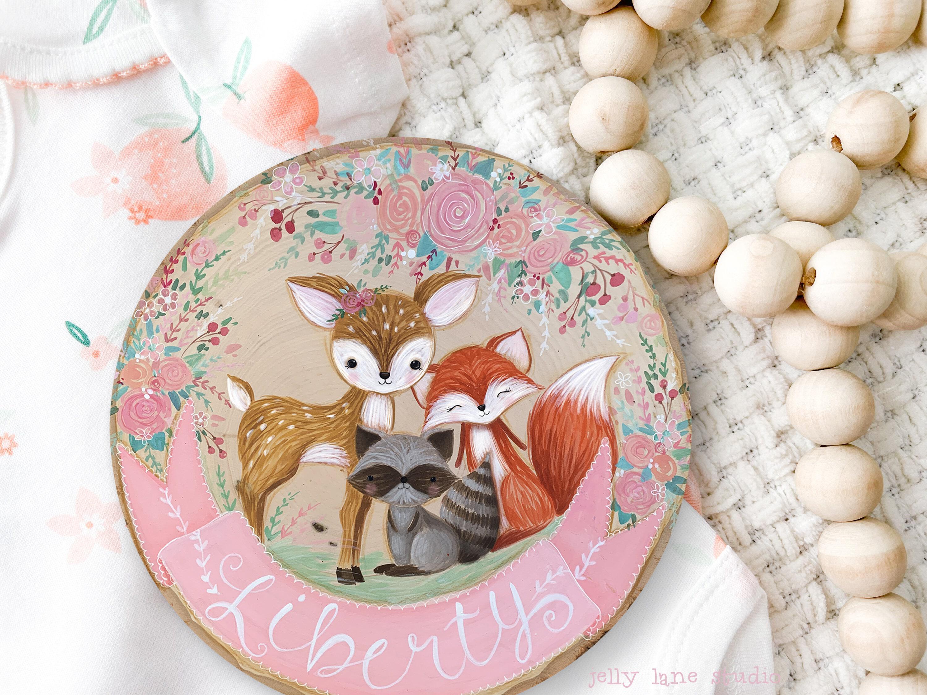 Products Woodland Baby Name Sign, Woodland Nursery Decor, Round Wood Sign for Girl