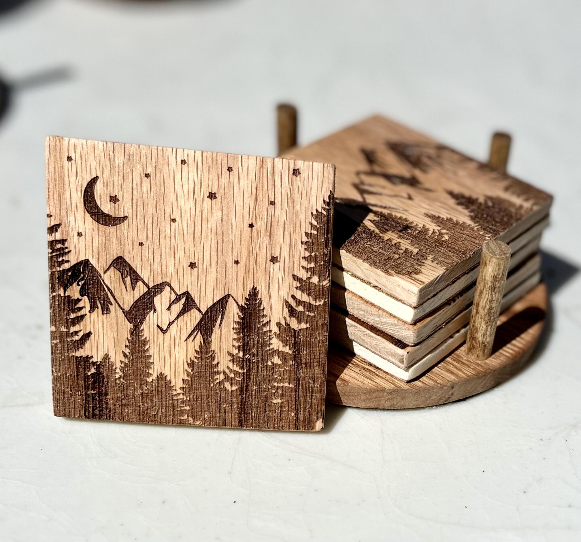 Wood Burned Trees Single Rustic Coaster