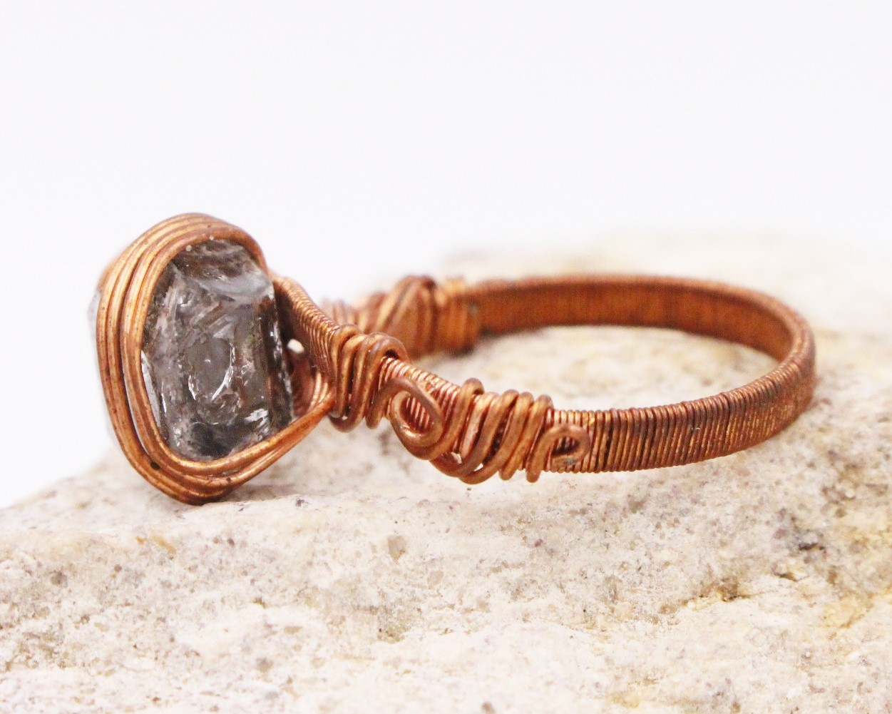 Herkimer Diamond with Anthraxolite Inclusions Copper Wire Wrapped Ring