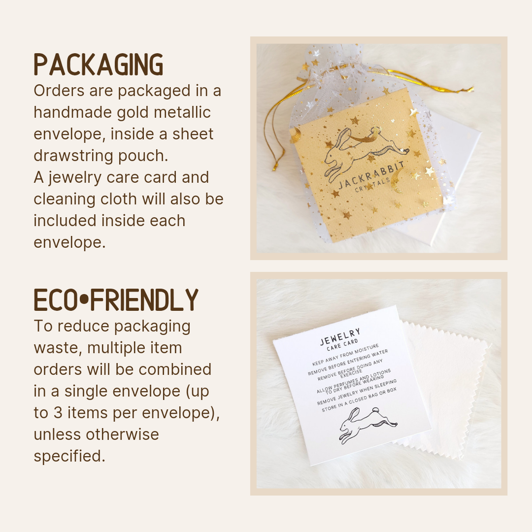 card and cleaning cloth are also included inside the envelope. To reduce waste, multiple item orders will be combined in packaging.