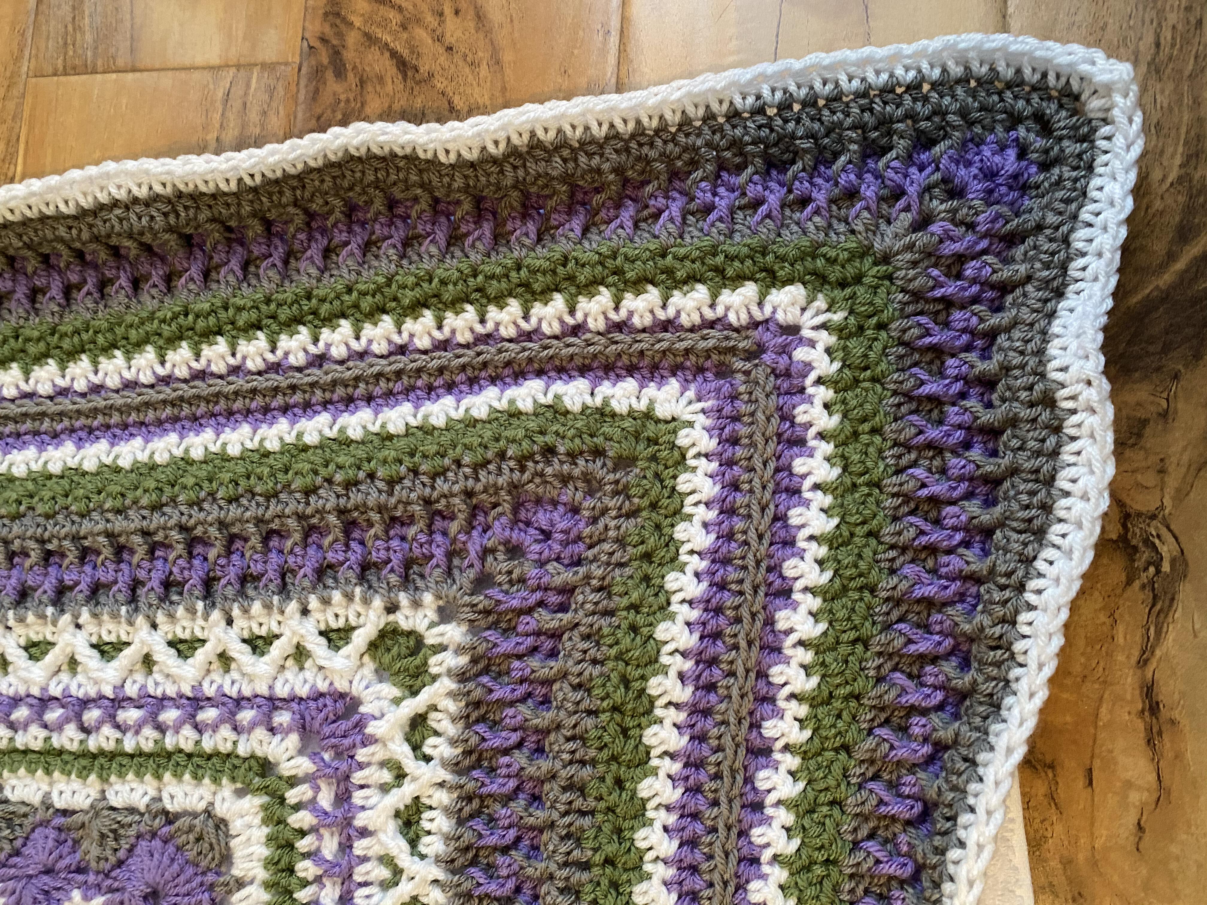 Crochet Afghan in Purple Green Gray and White