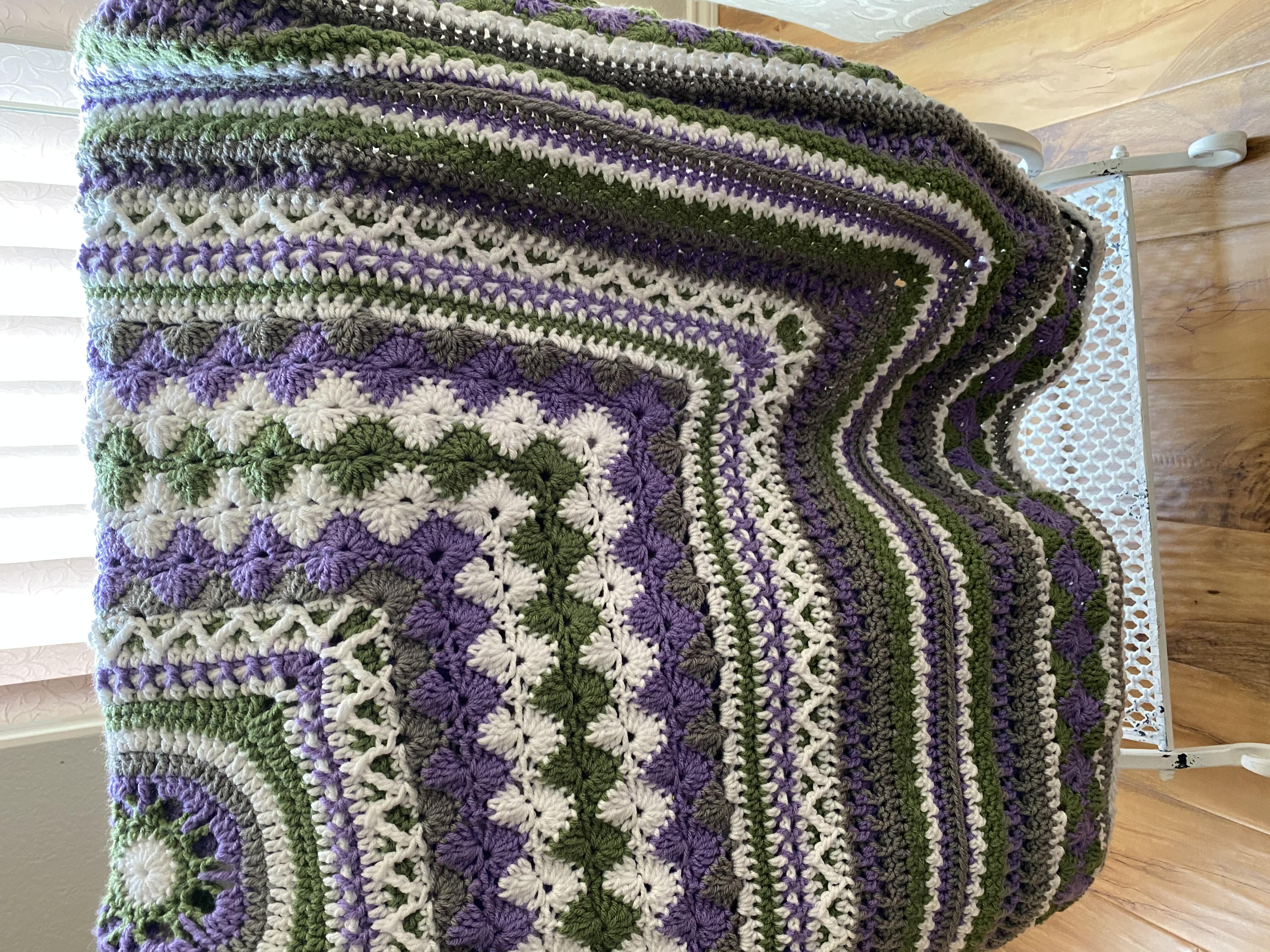 56 inch square purple green gray and white crochet afghan