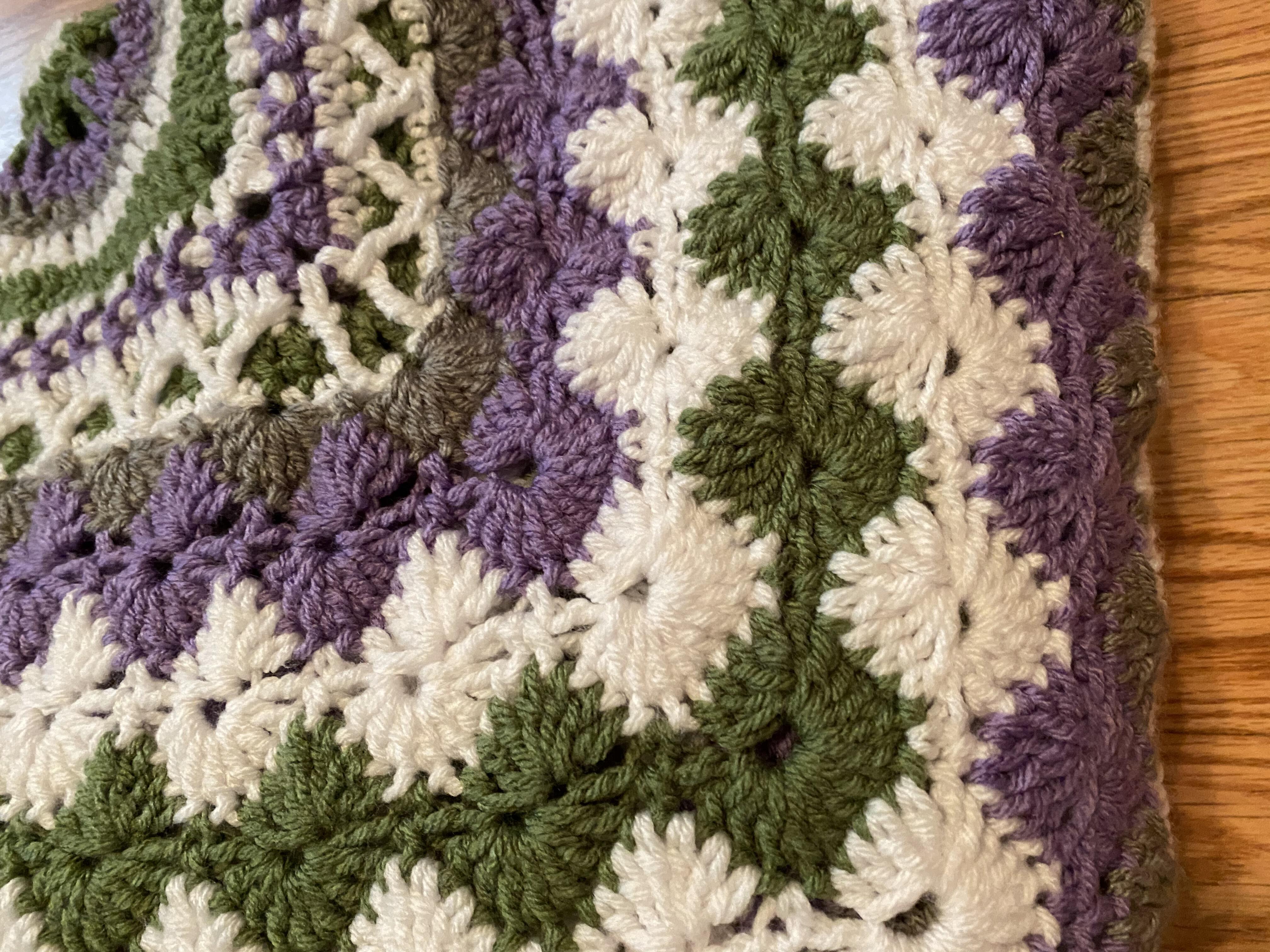 Crochet Afghan in Purple Green Gray and White