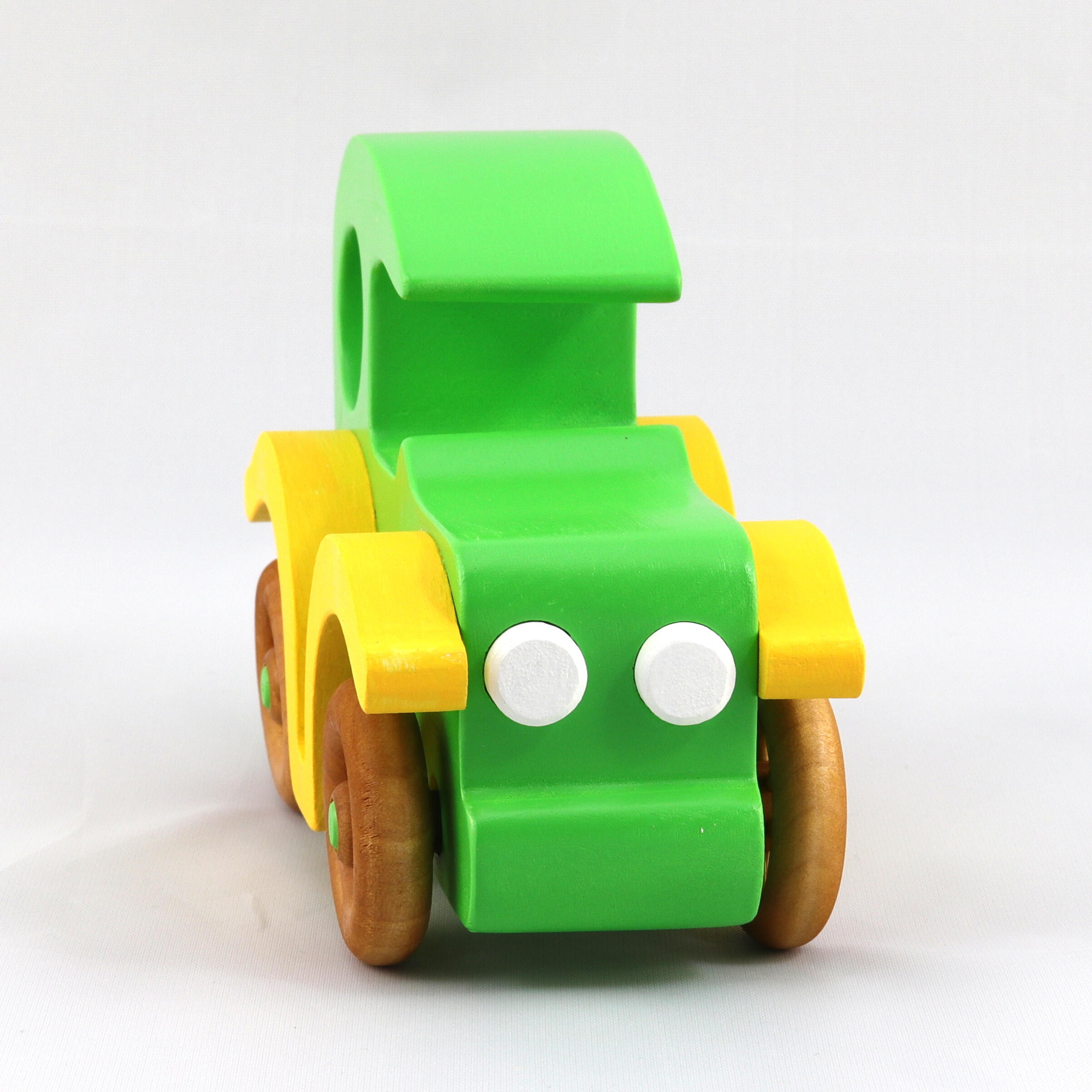 Wood Toy Car Model-T Sedan Handmade From My Bad Bob's Custom Motors Collection Bright Green and Yellow