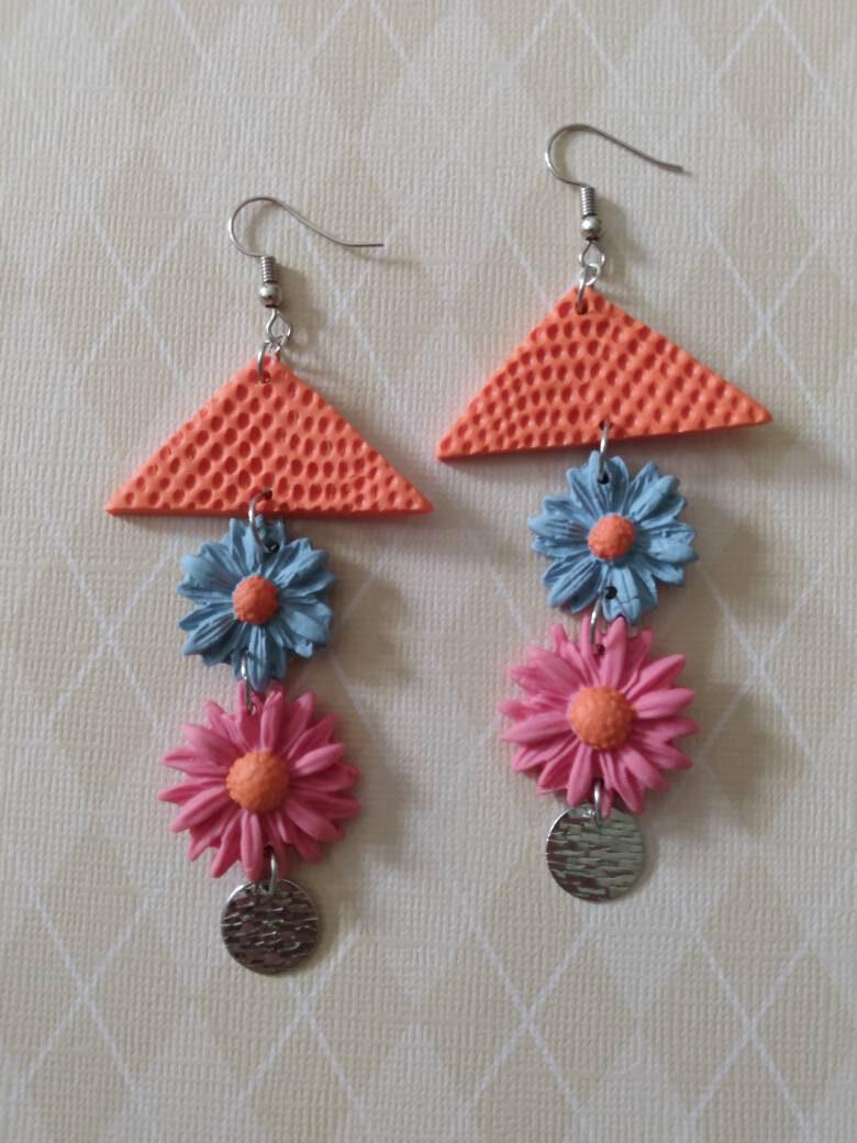 Jewelry :: Earrings :: Fun Big Bold Bright Flower Long Dangle Earrings  handmade polymer clay