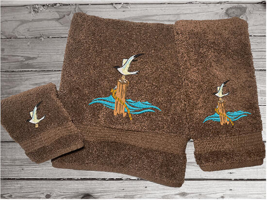 Nautical Embroidered Bath Towel Set - Or Individual - Sea Gull - White