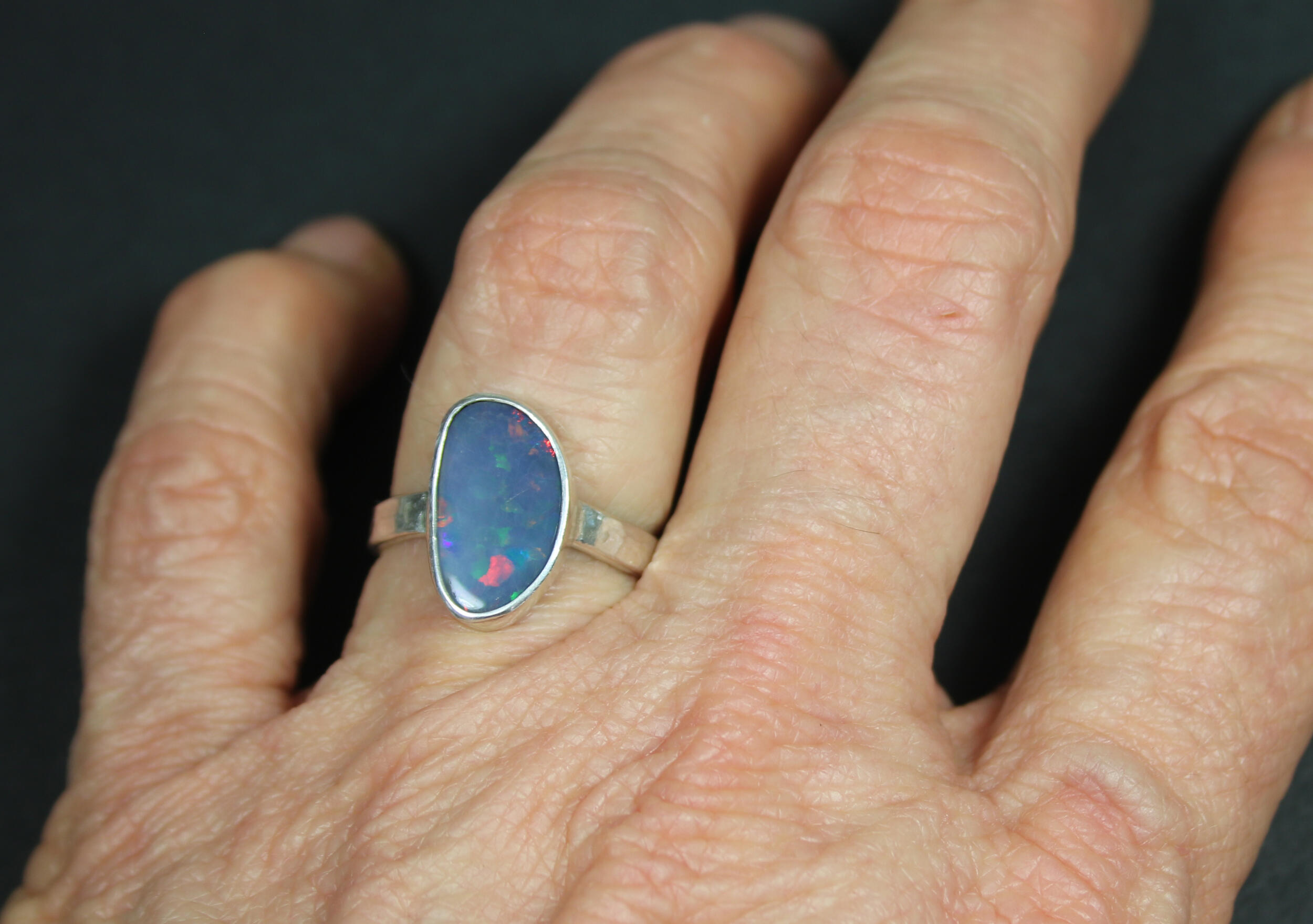 Opal Doublet Gemstone Ring Sterling Silver Purple Blue Fire October Birthstone in a One of a Kind Handcrafted Art on sale Nouveau Design