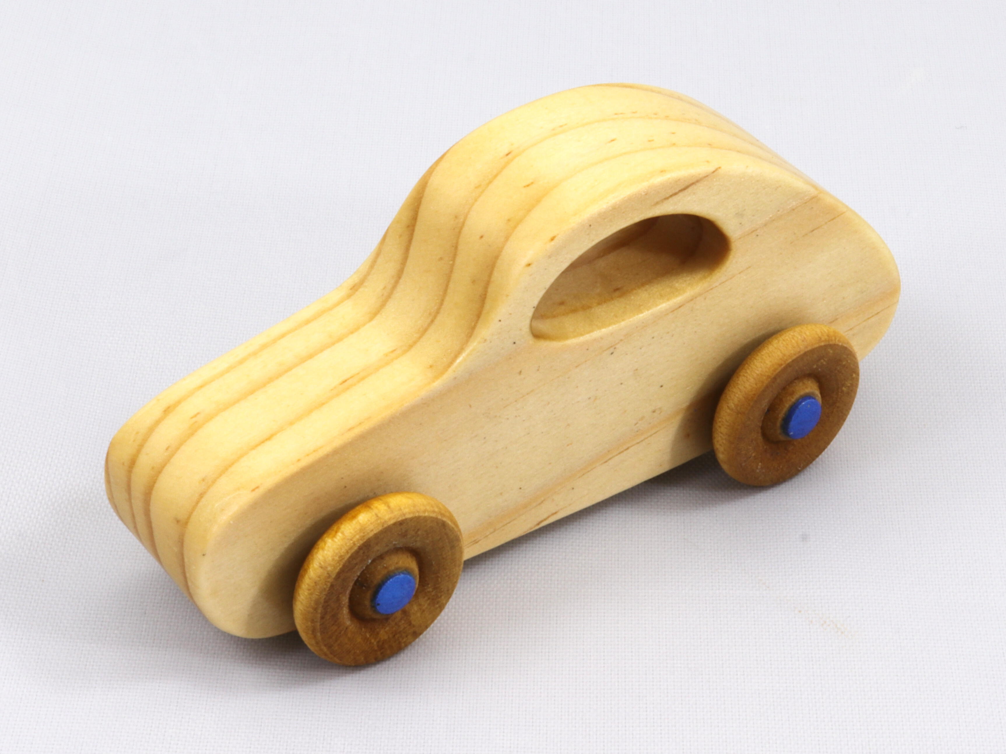 Handmade Wood Toy Car Finished with Clear Shellac and Metallic Blue Acrylic Paint, Classic 1957 Bug From My Play Pal Collection