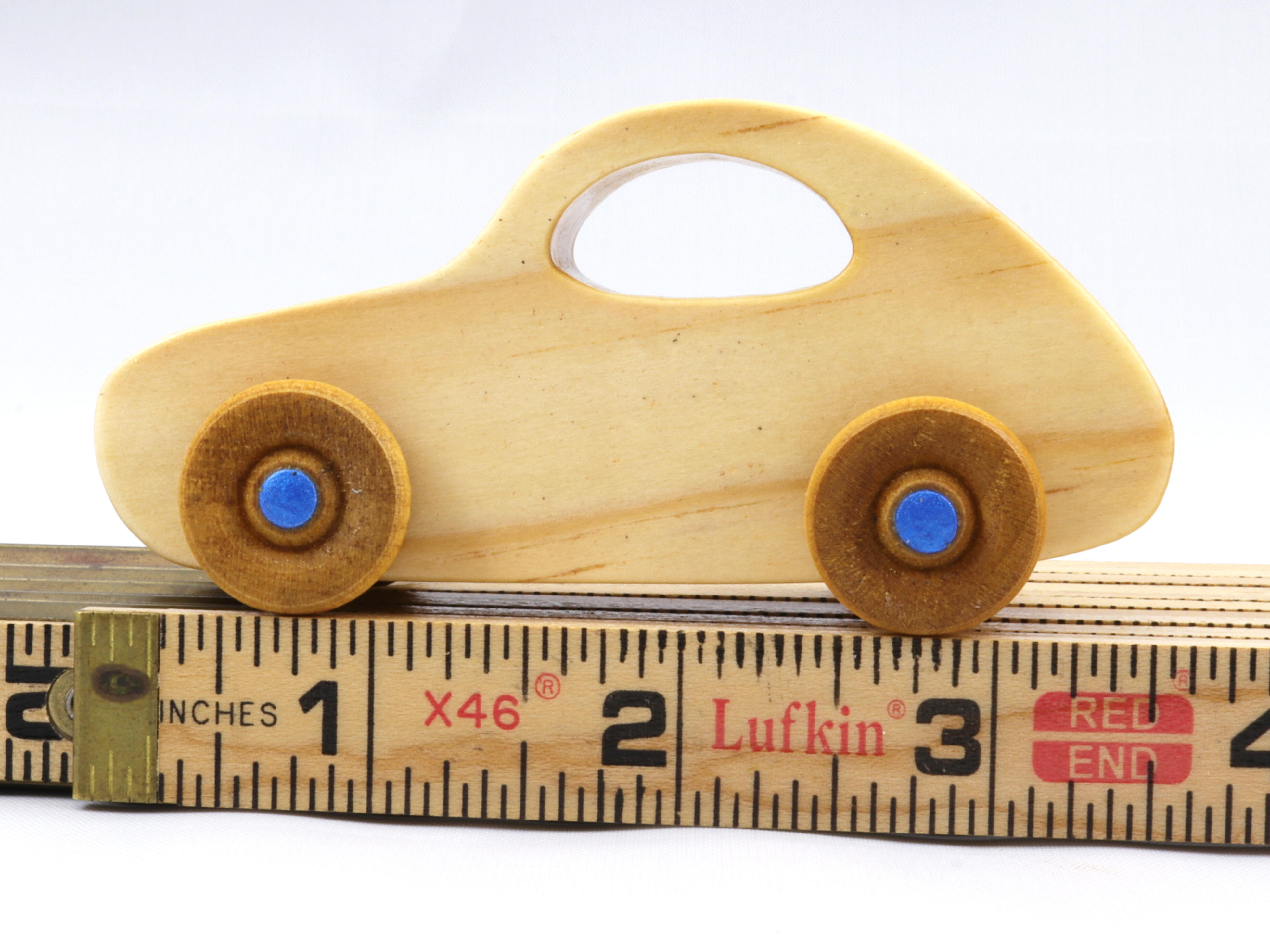 Handmade Wood Toy Car Finished with Clear Shellac and Metallic Blue Acrylic Paint, Classic 1957 Bug From My Play Pal Collection
