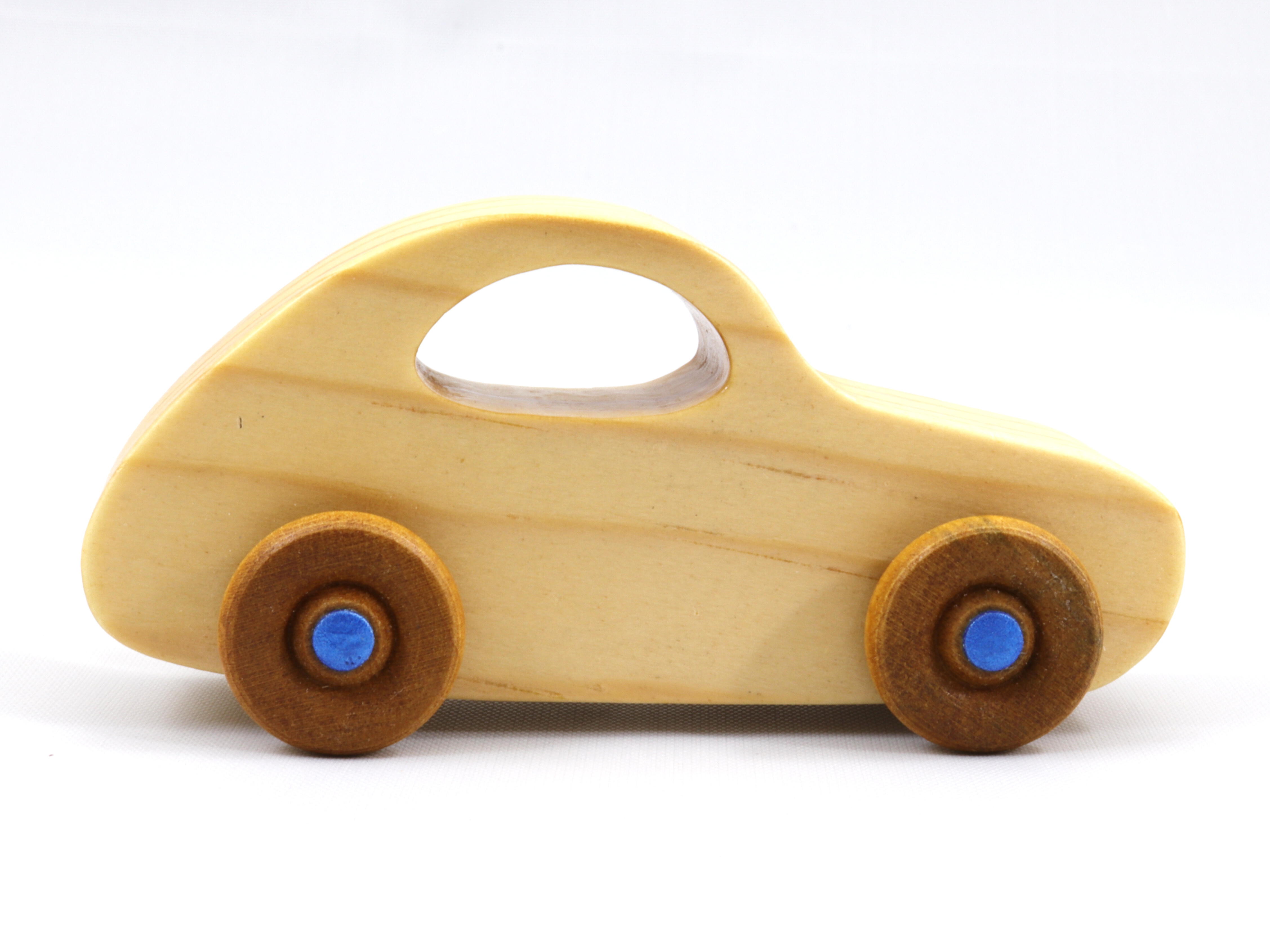 Handmade Wood Toy Car Finished with Clear Shellac and Metallic Blue Acrylic Paint, Classic 1957 Bug From My Play Pal Collection