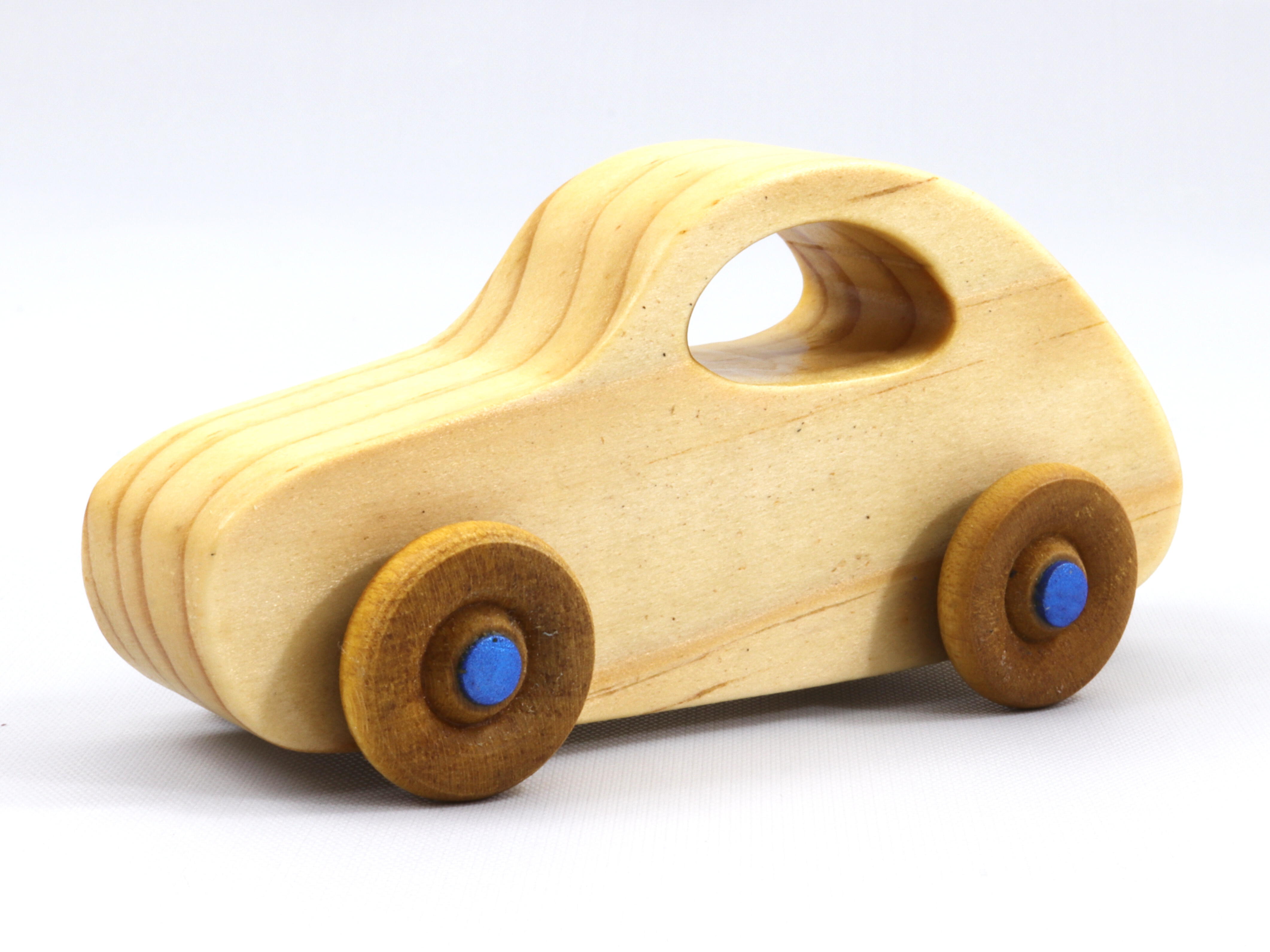Handmade Wood Toy Car Finished with Clear Shellac and Metallic Blue Acrylic Paint, Classic 1957 Bug From My Play Pal Collection