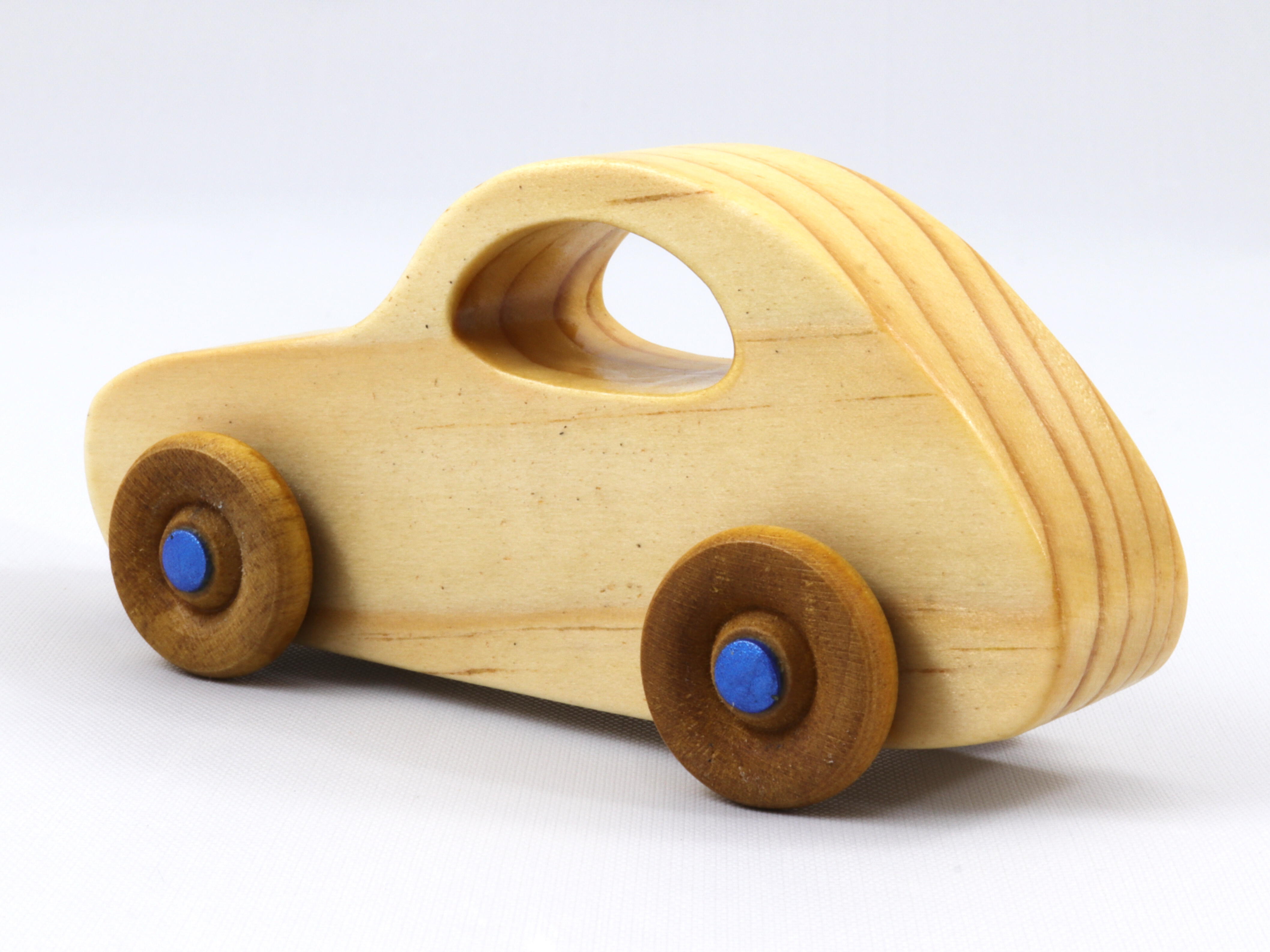 Handmade Wood Toy Car Finished with Clear Shellac and Metallic Blue Acrylic Paint, Classic 1957 Bug From My Play Pal Collection