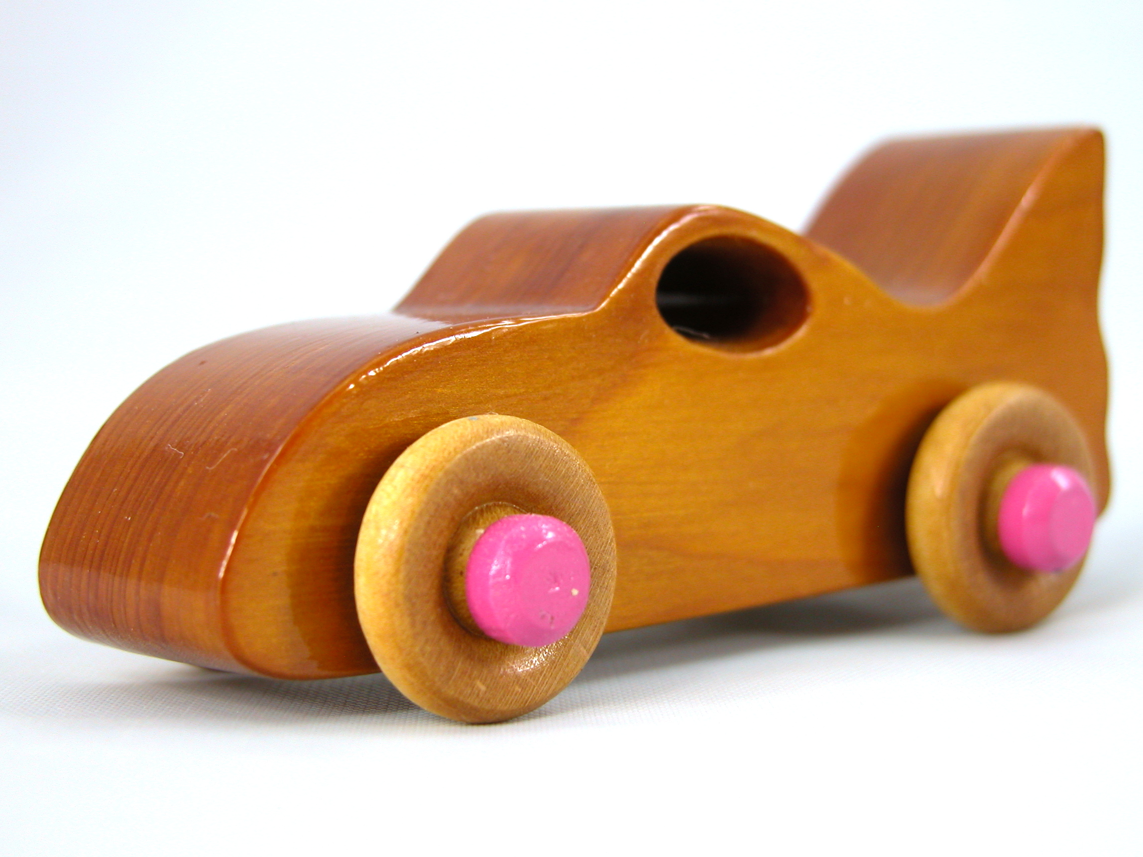 Handmade Wood Toy Bat Car Hand Finished With Amber Shellac And Hot Pink Acrylic Paint From My Play Pal Collection