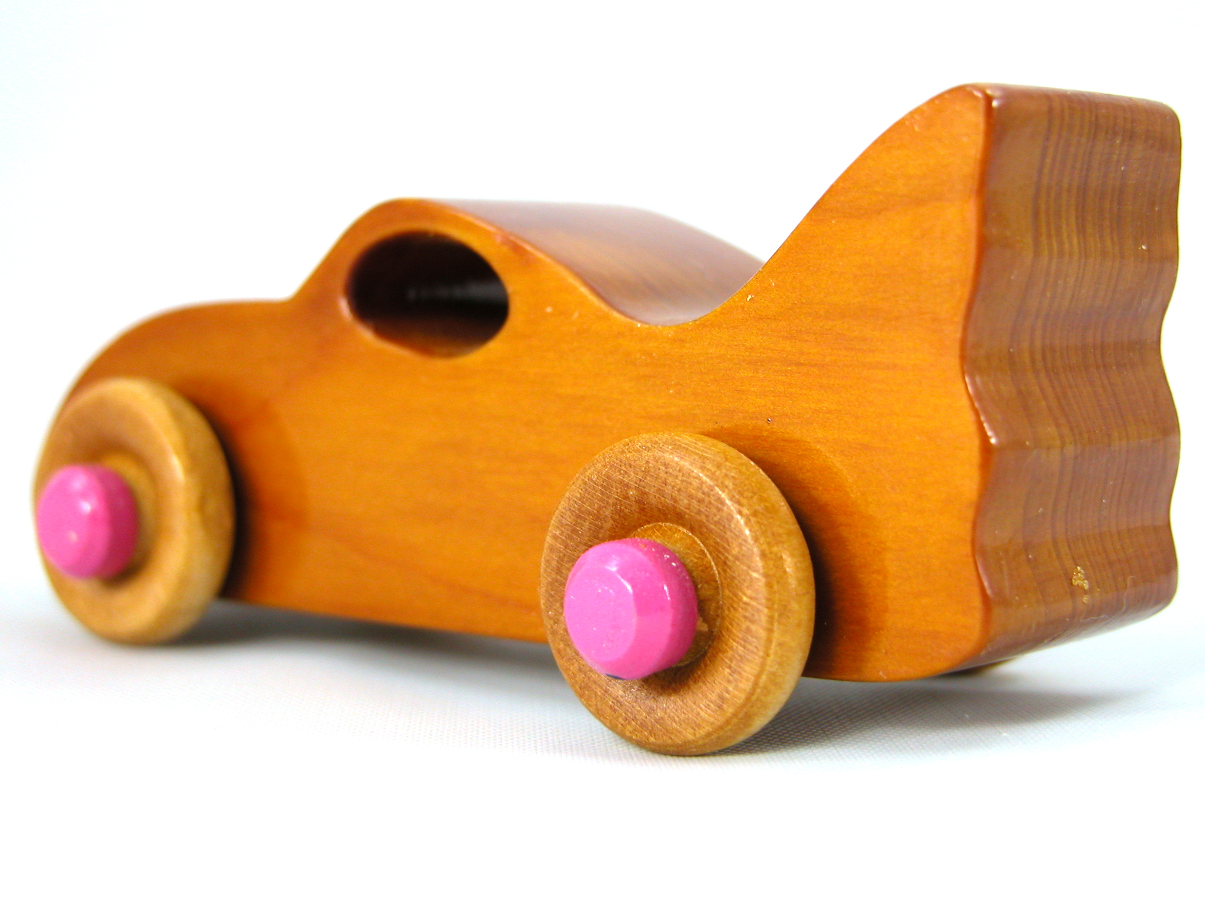 Handmade Wood Toy Bat Car Hand Finished With Amber Shellac And Hot Pink Acrylic Paint From My Play Pal Collection