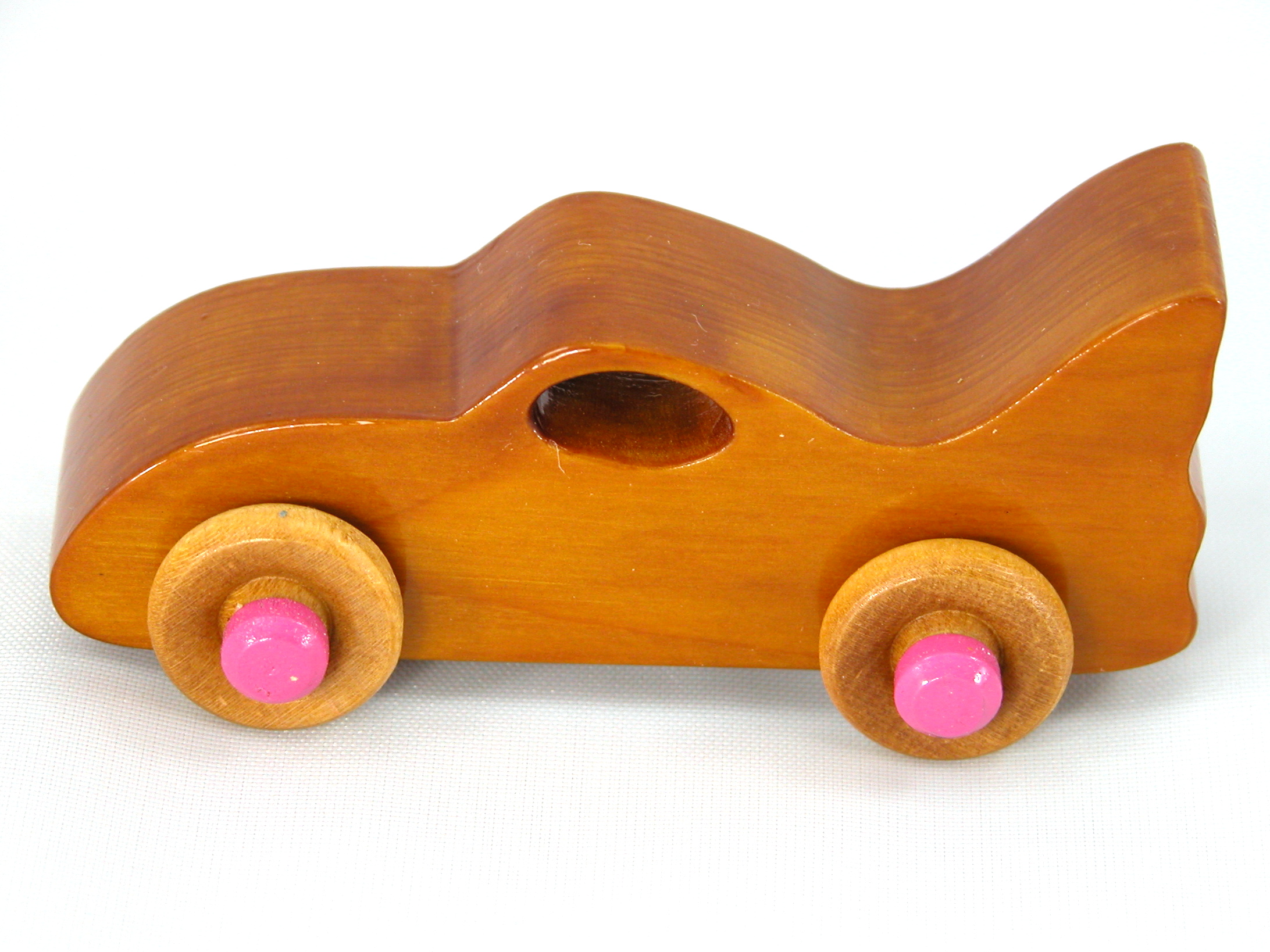 Handmade Wood Toy Bat Car Hand Finished With Amber Shellac And Hot Pink Acrylic Paint From My Play Pal Collection