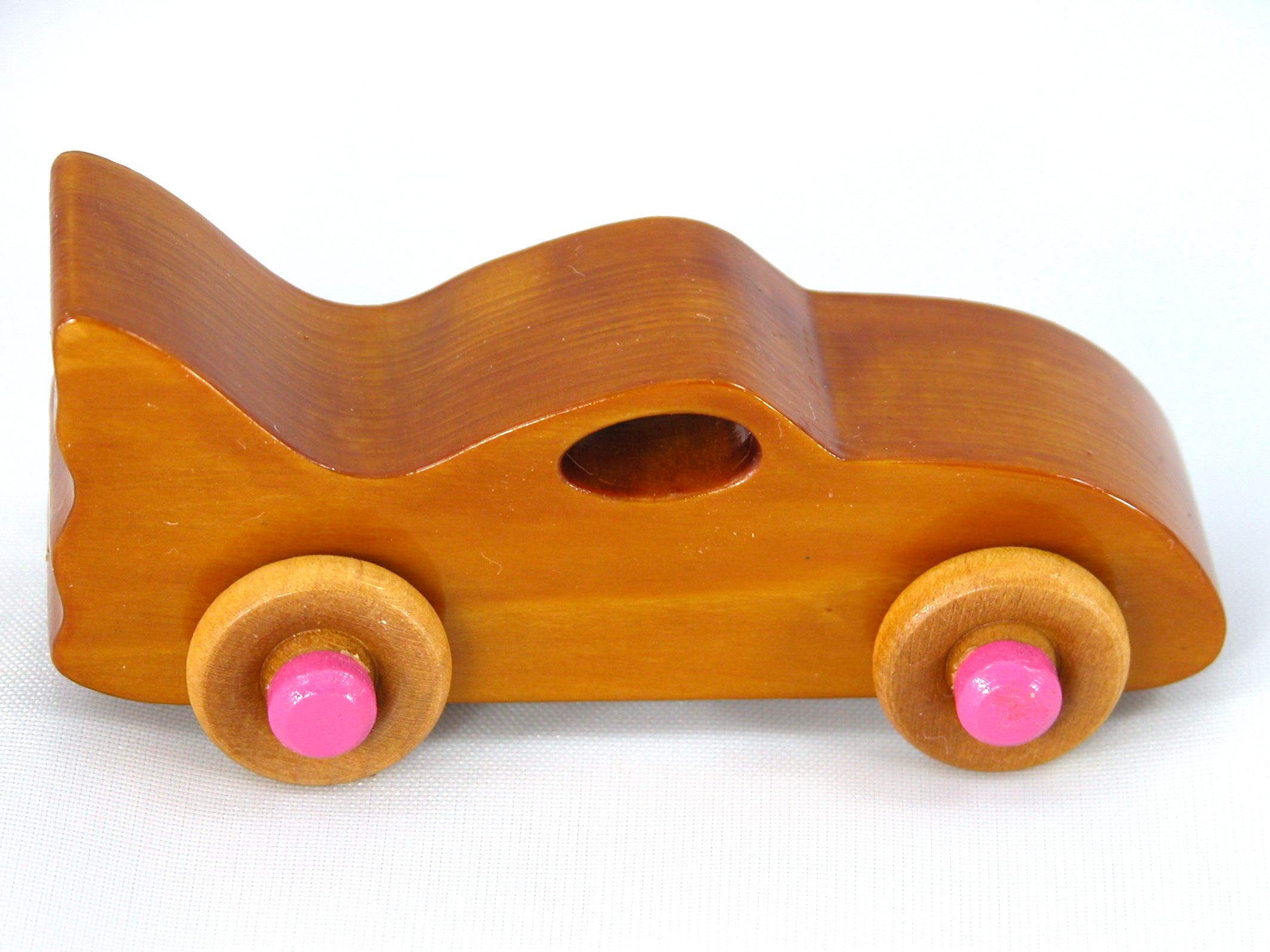 Handmade Wood Toy Bat Car Hand Finished With Amber Shellac And Hot Pink Acrylic Paint From My Play Pal Collection