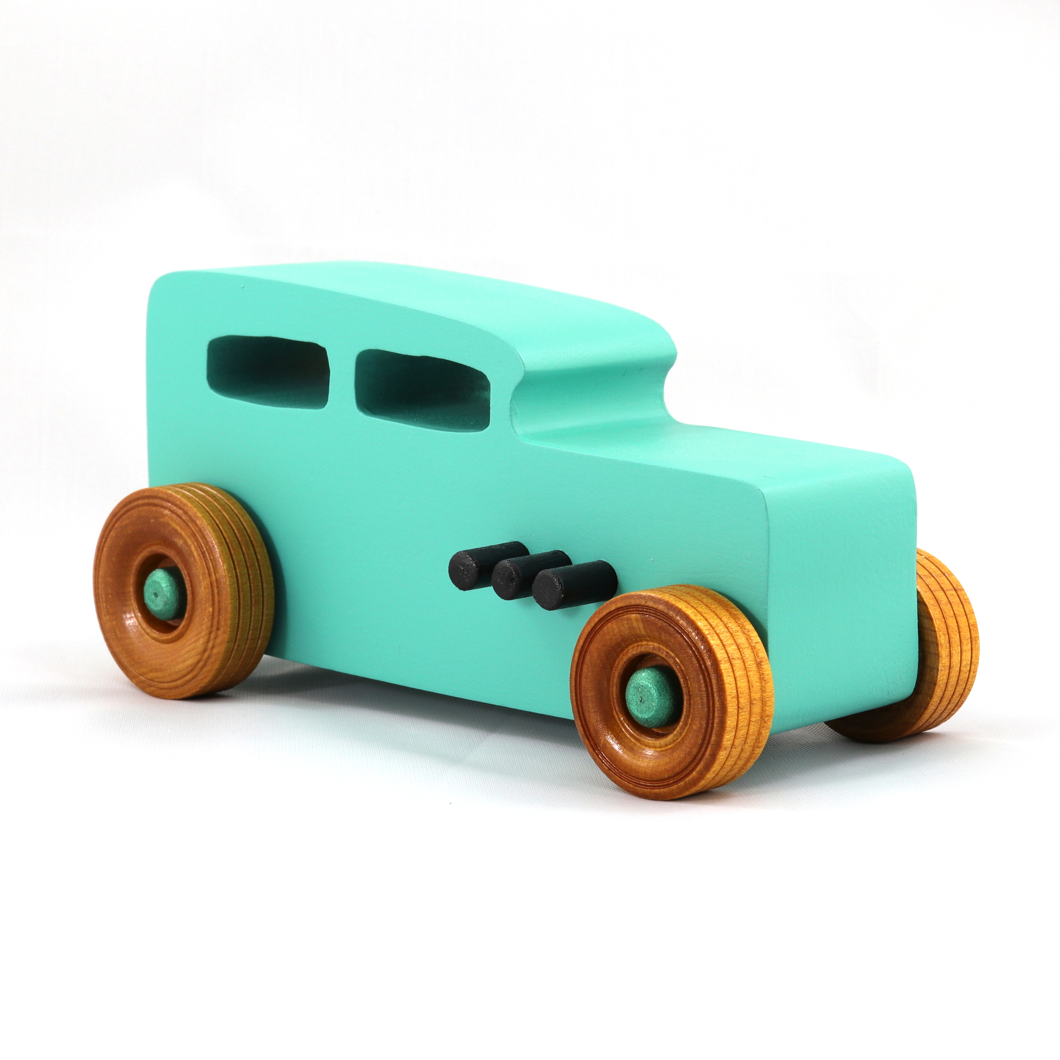 Handmade Wood Toy Car Hot Rod 1932 Sedan Painted With Turquoise, Metallic Emerald Green, and Black Acrylic Paint. The Wheels Are Finished with Nonmarring Amber Shellac.