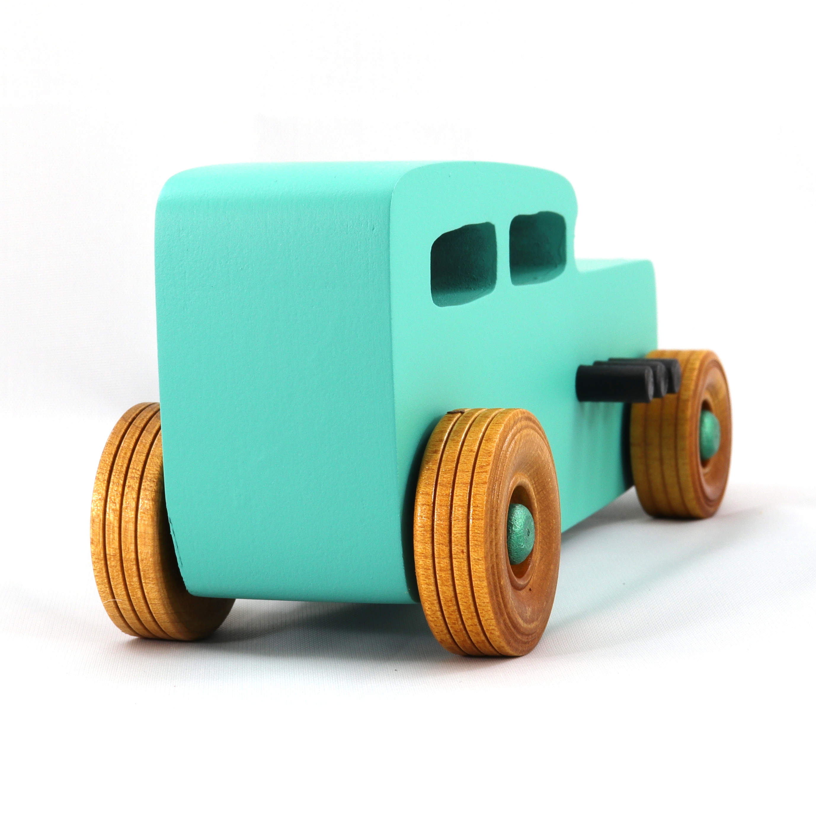 Handmade Wood Toy Car Hot Rod 1932 Sedan Painted With Turquoise, Metallic Emerald Green, and Black Acrylic Paint. The Wheels Are Finished with Nonmarring Amber Shellac.