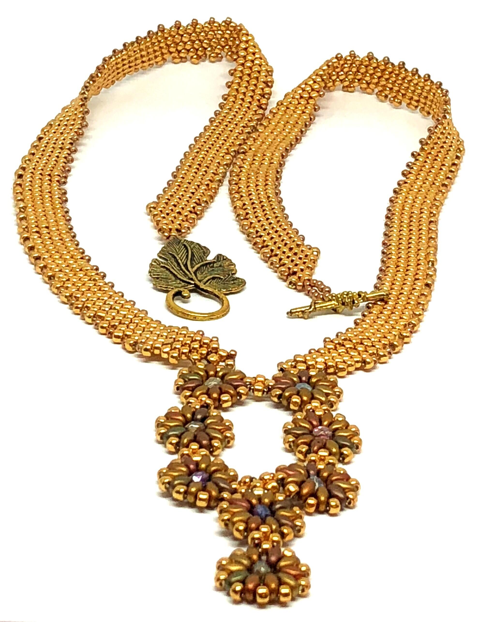 Gold Flower Drop Beadweaving Necklace