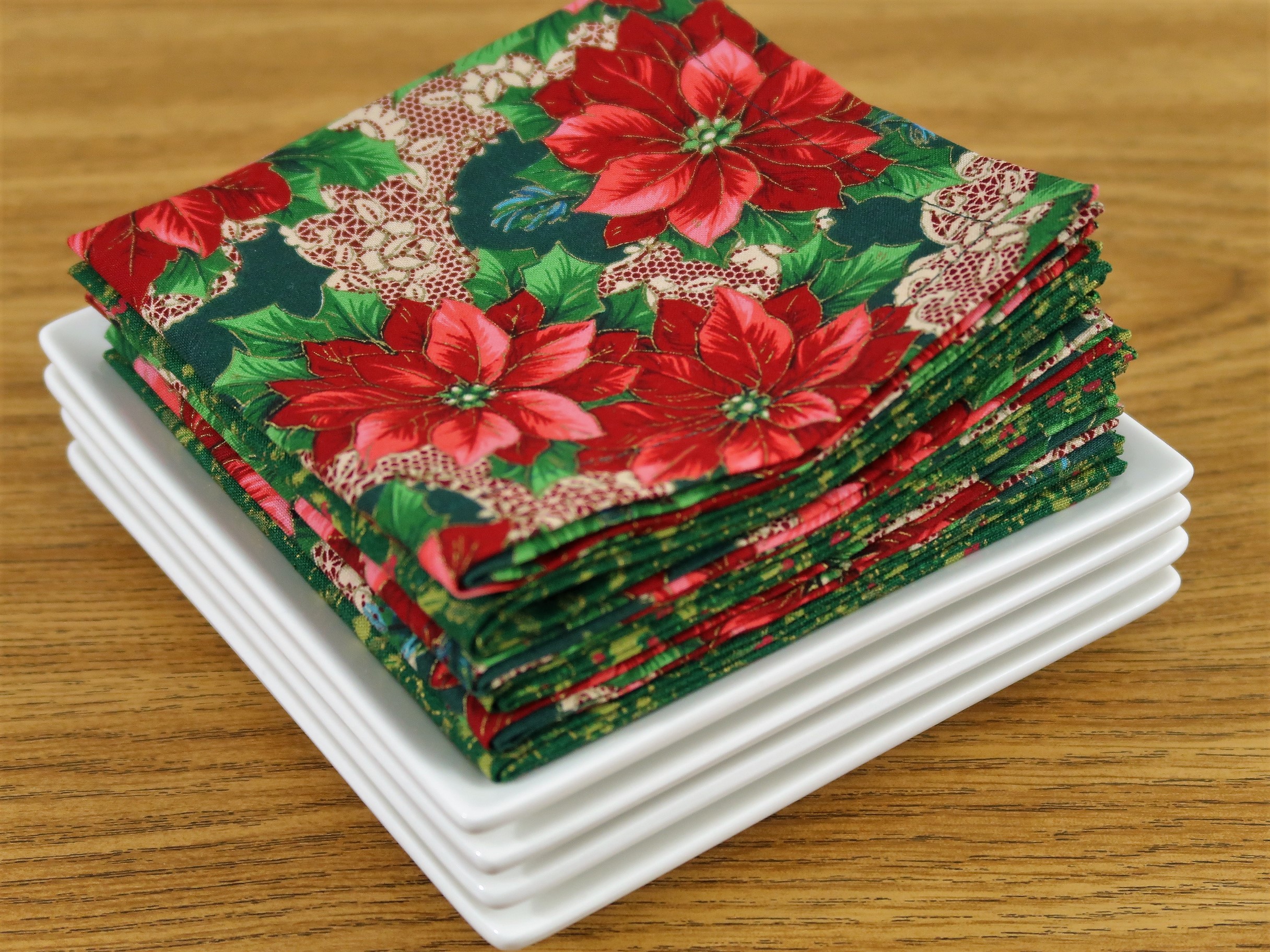 Christmas Cotton Fabric Cloth Dinner Napkins - Red Poinsettias