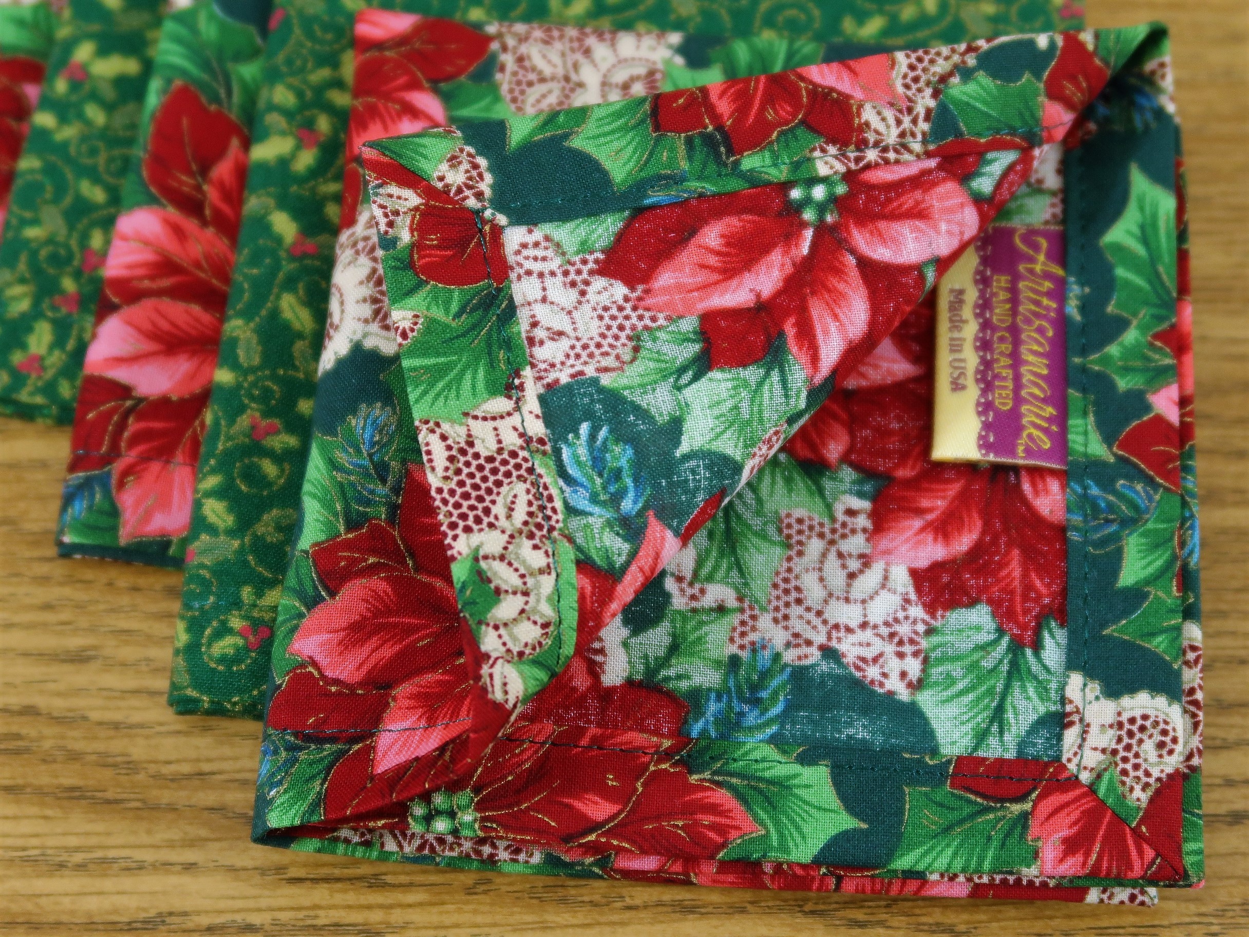 Christmas Cotton Fabric Cloth Dinner Napkins - Red Poinsettias, Holly &  Lace - Elegant Floral