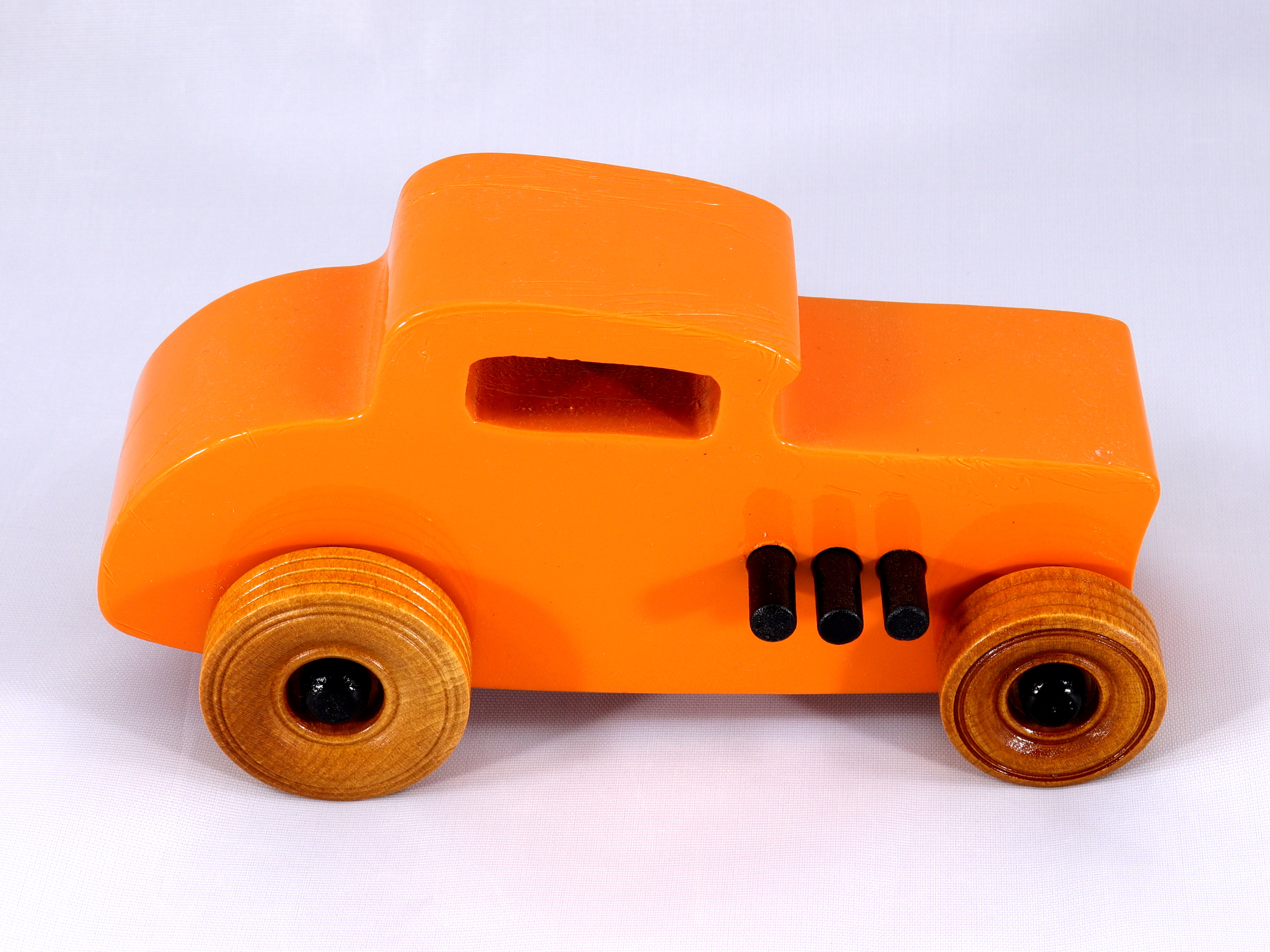 Wooden Toy Car '32 Deuce Coupe Pumpkin Orange Black Trim Amber Shellac  Wheels Handmade