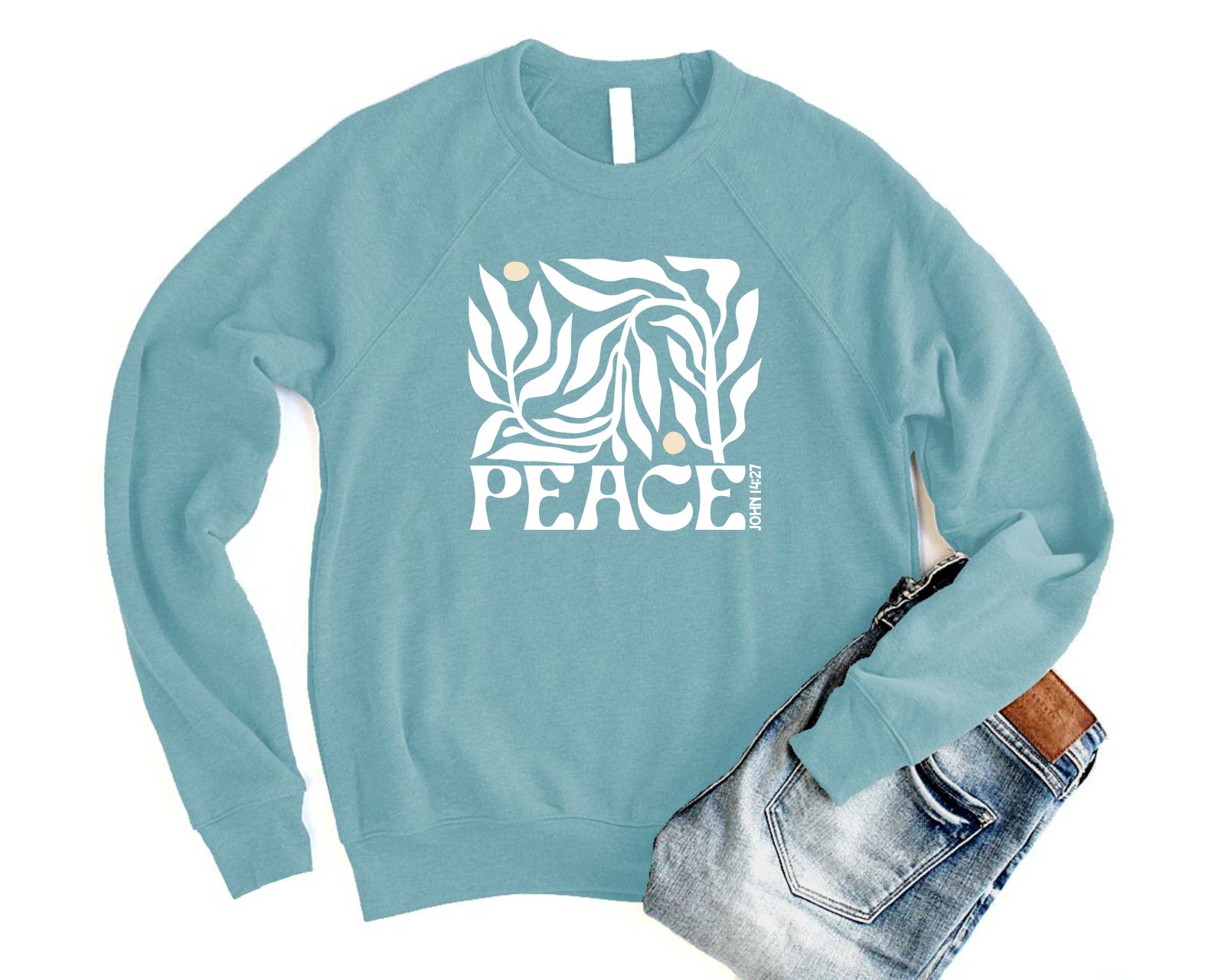 Peace John 14:27 Botanical Christian Sweatshirt for Women in unisex raglan  style with blue floral theme