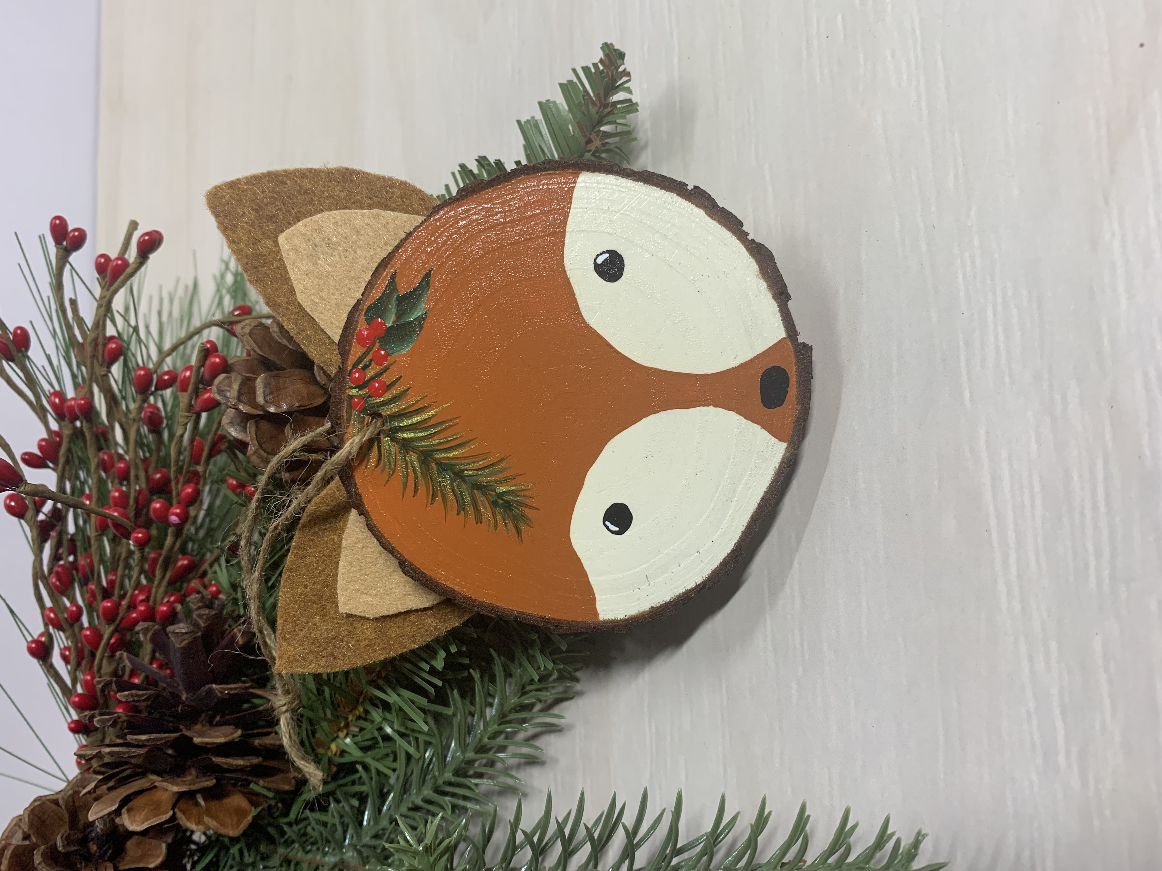 First Christmas woodland fox cut wood slice ornament