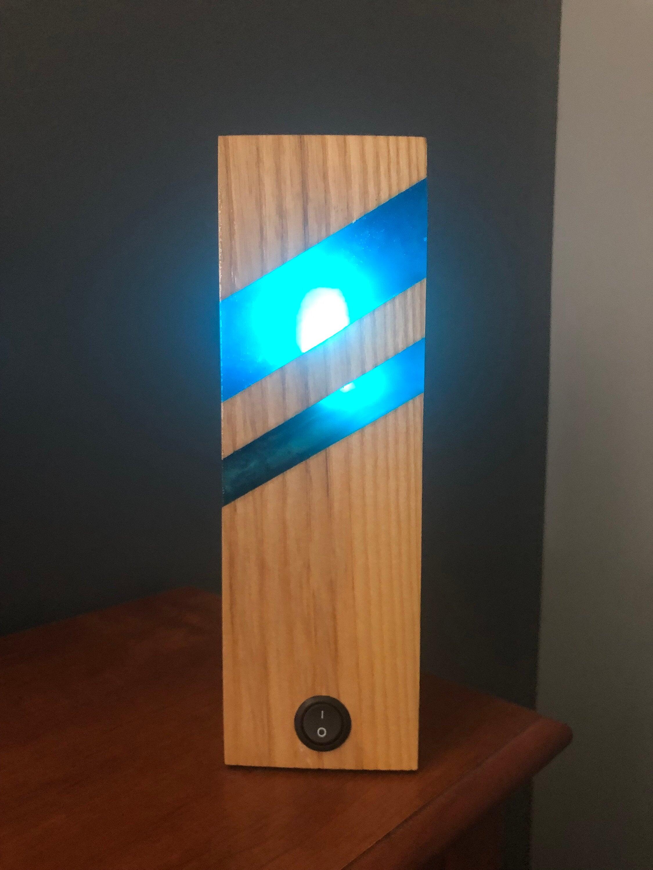 Blue Resin and Wood LED Lamp