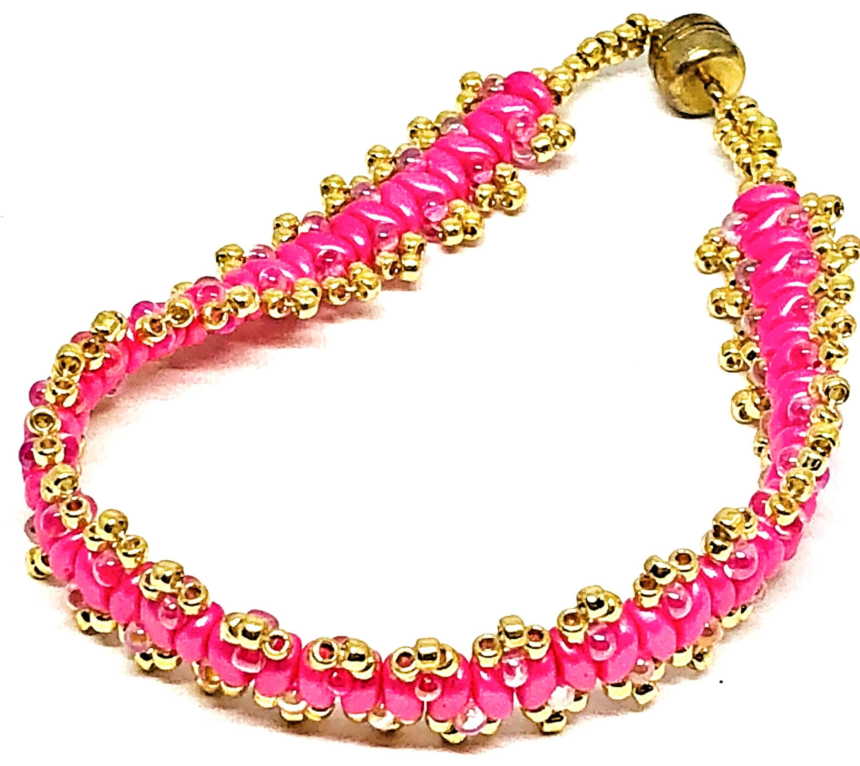 Think Pink Cancer Awareness Gold Picot Superduo Bracelet