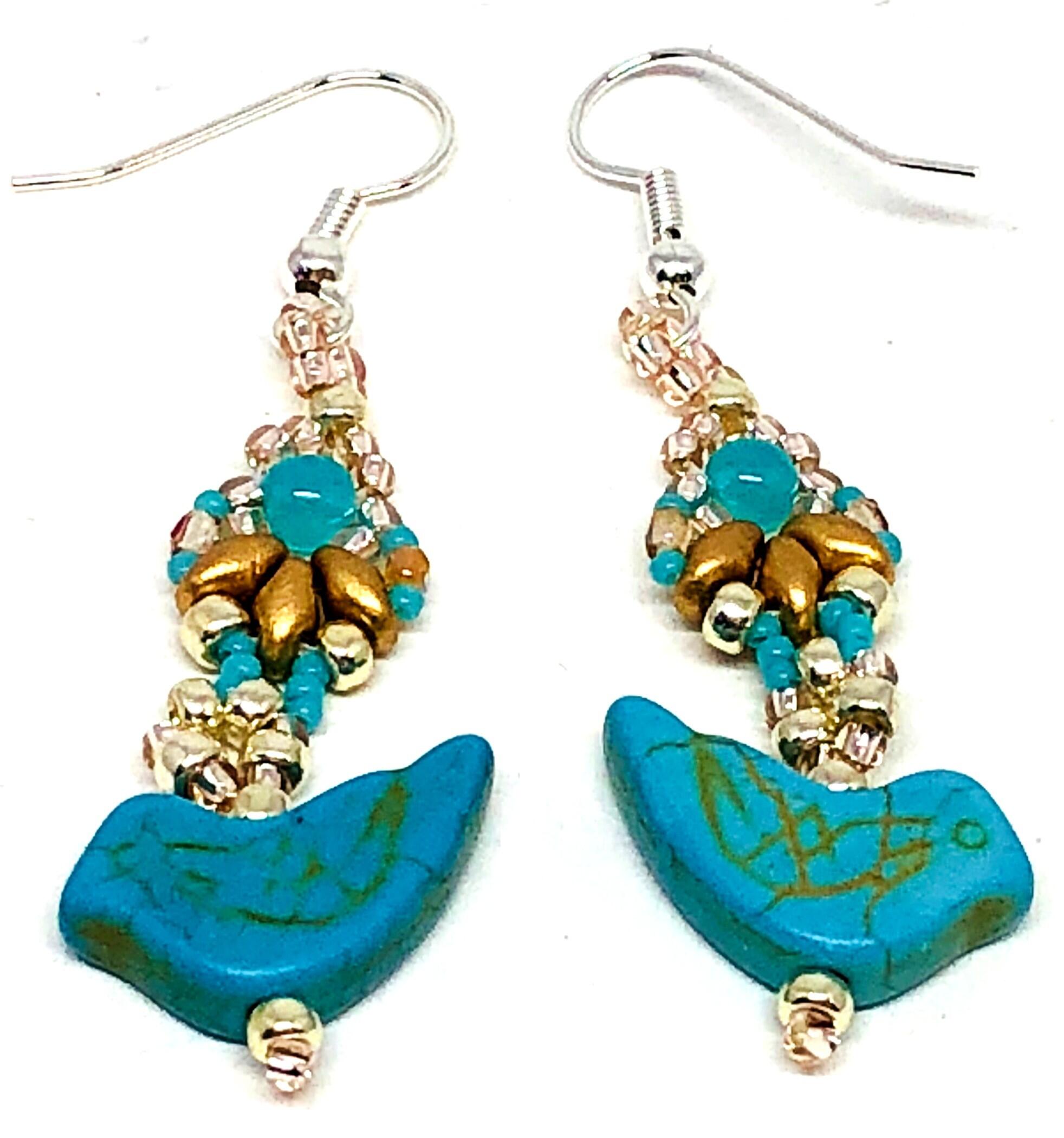 Turquoise Gold Silver Bird Earrings