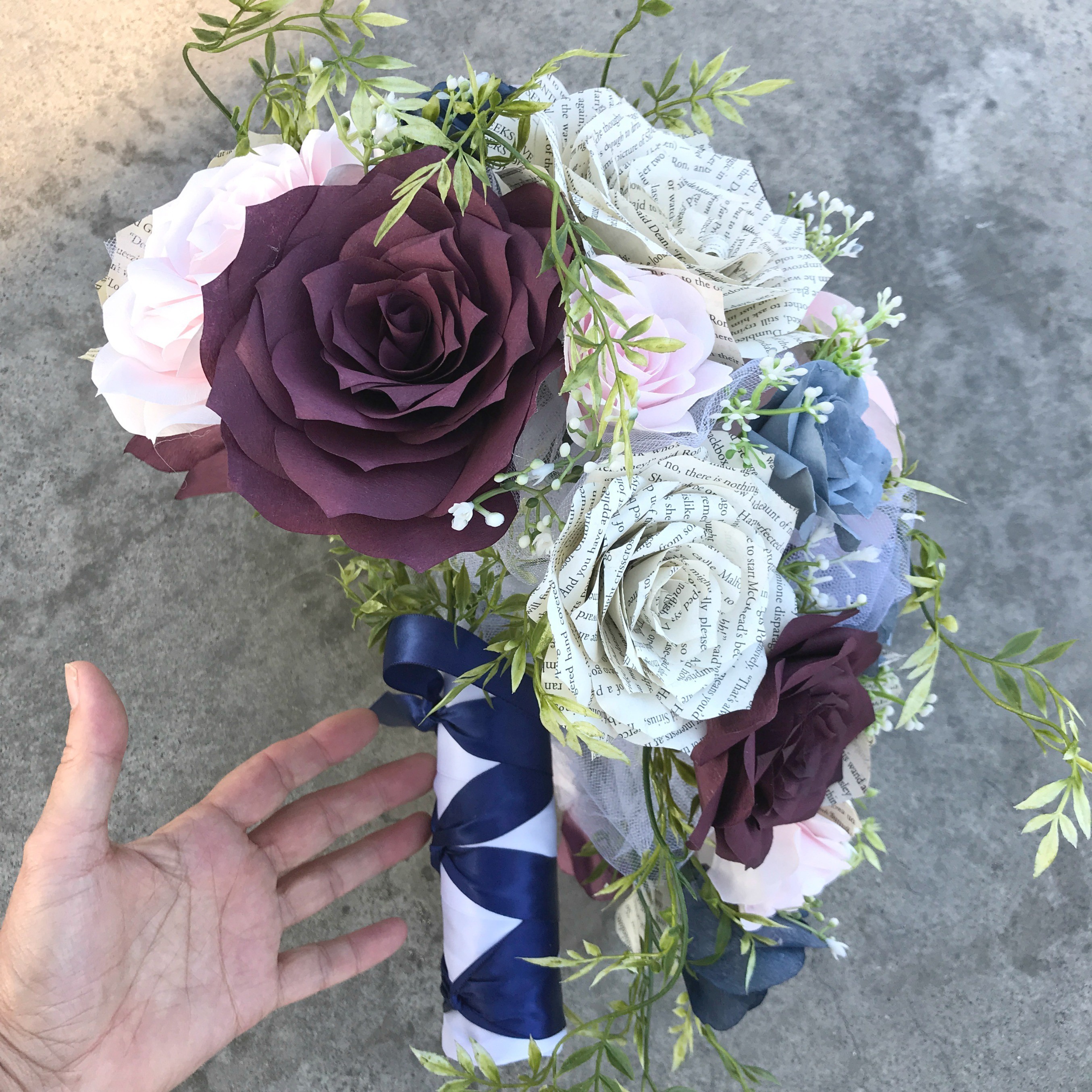 Blush, Blue and Wine Paper Flower Cascading Bridal Bouquet