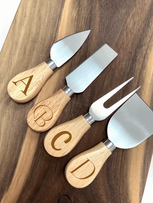 Engraved Personalized Set of 4 Wood Cheese Knives Charcuterie Knives  Cutting Knives Spreaders Cheese Knife, Shaver, Fork and Spreader 