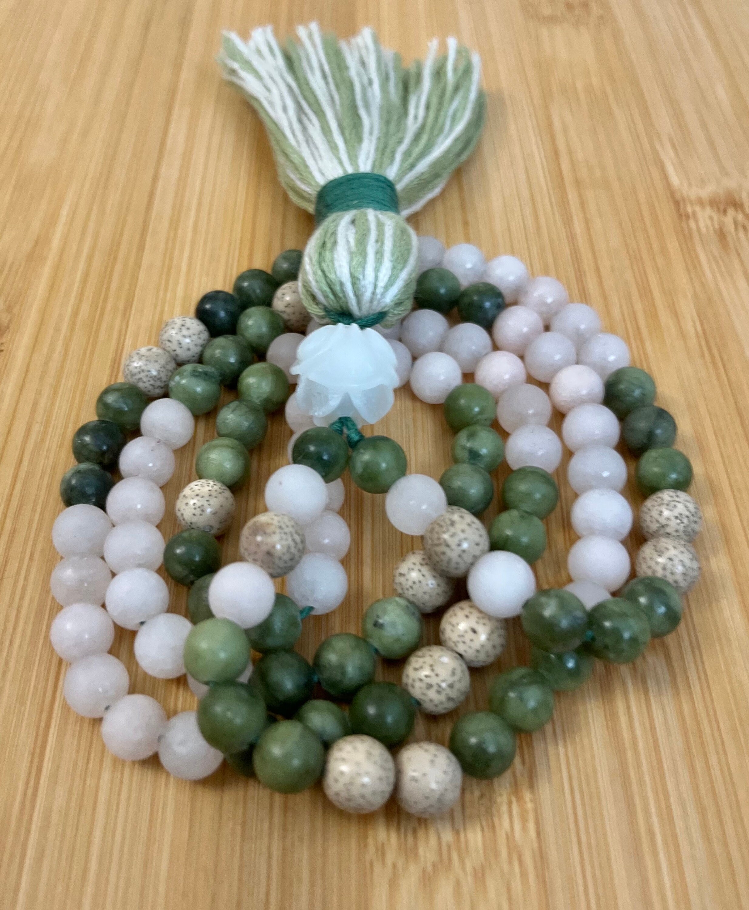 Malas - 108 beads :: Jade Olive Green Light Rose Mala, Bodhi Seed