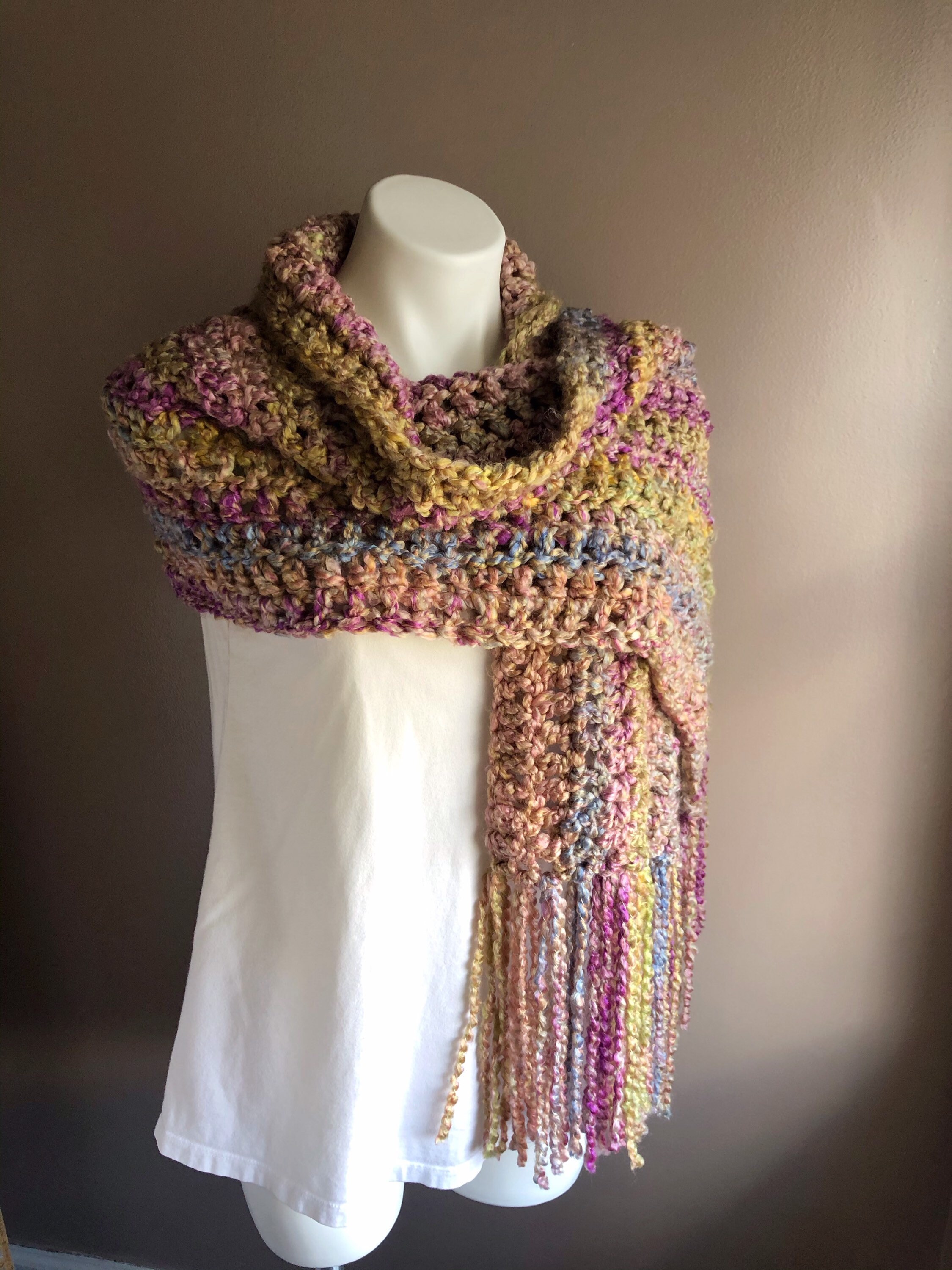 Crochet handmade checkered Scarf , handcrafted winter shawl , luxurious crochet purple and cream color design women scarf , deals gift for her