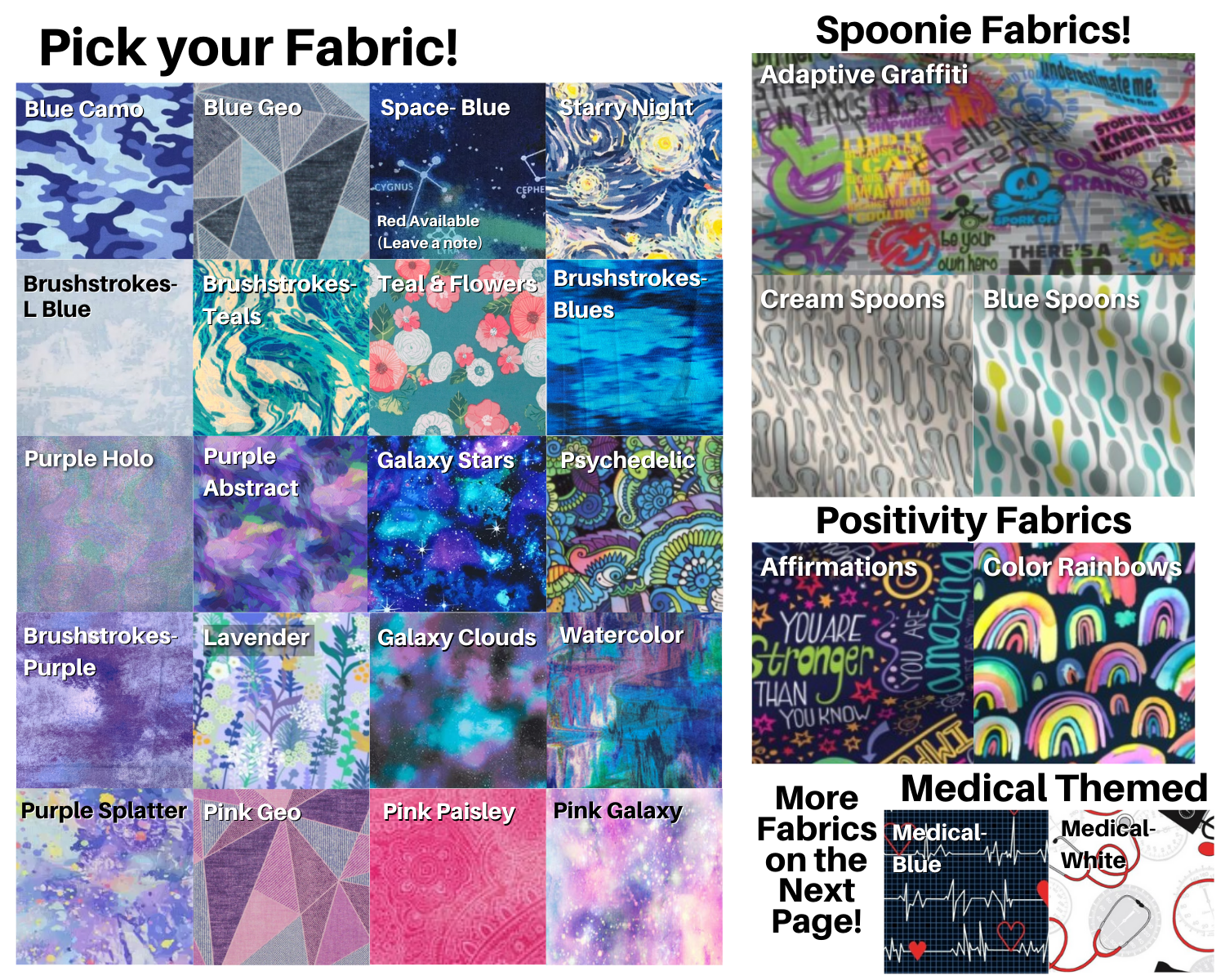 28 fabrics are shown in mostly blues and purples, some pink. There are also fabrics marked as Spoonie fabrics, positivity fabrics, and medical themed.