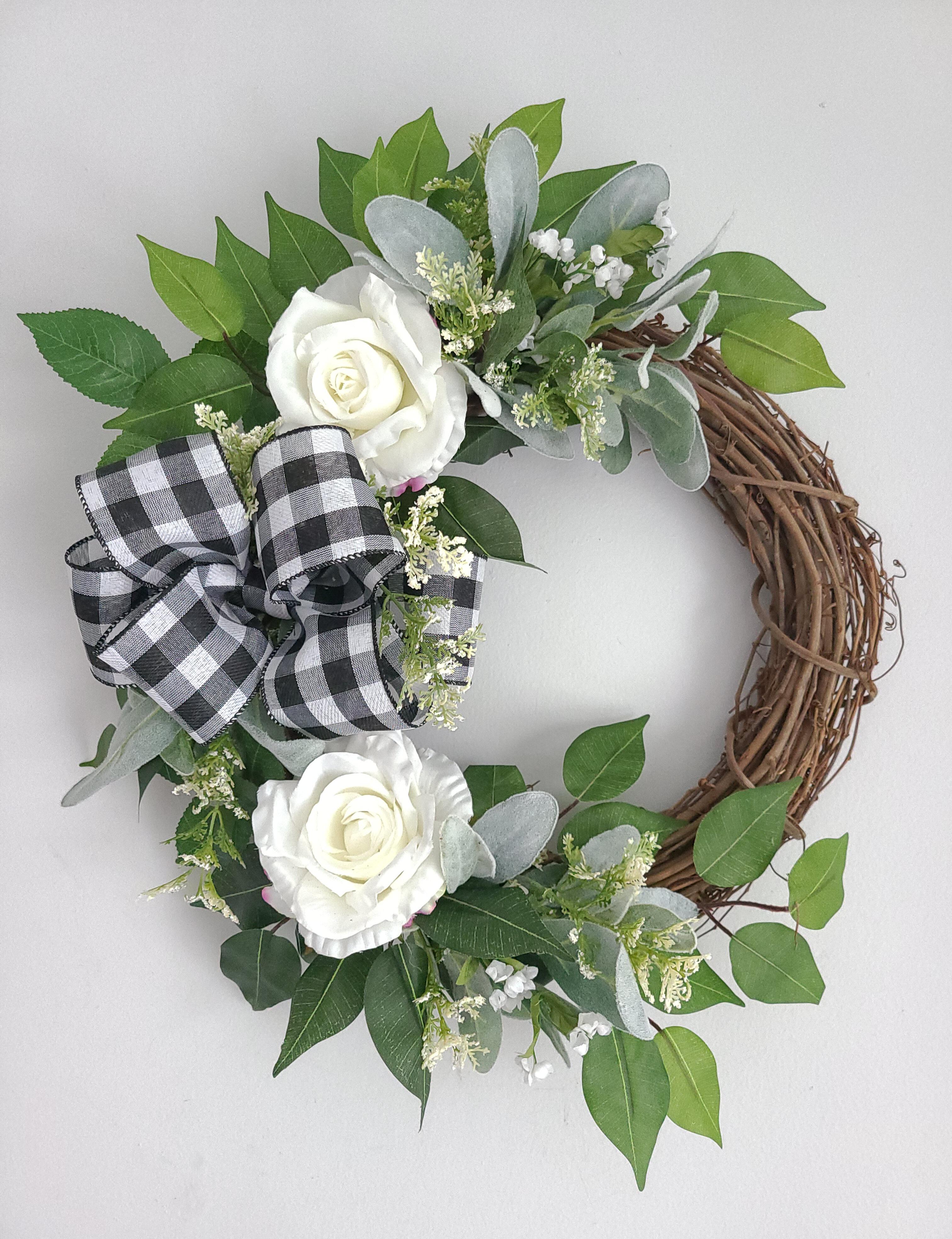 White Rose Wreath, Buffalo Plaid Wreath, White Spring Wreath, Everyday ...