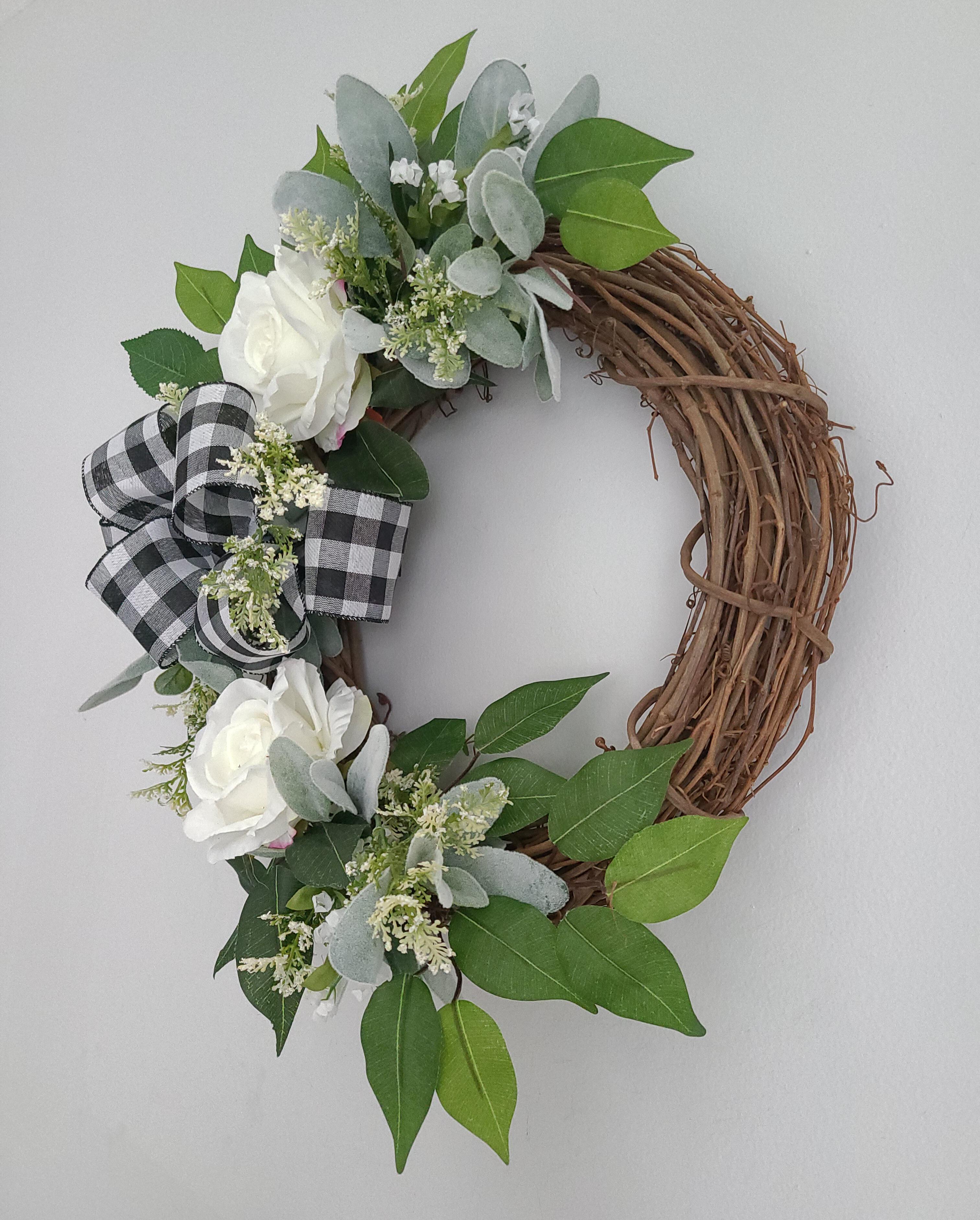 White Rose Wreath, Buffalo Plaid Wreath, White Spring Wreath, Everyday Wreath For Front Door