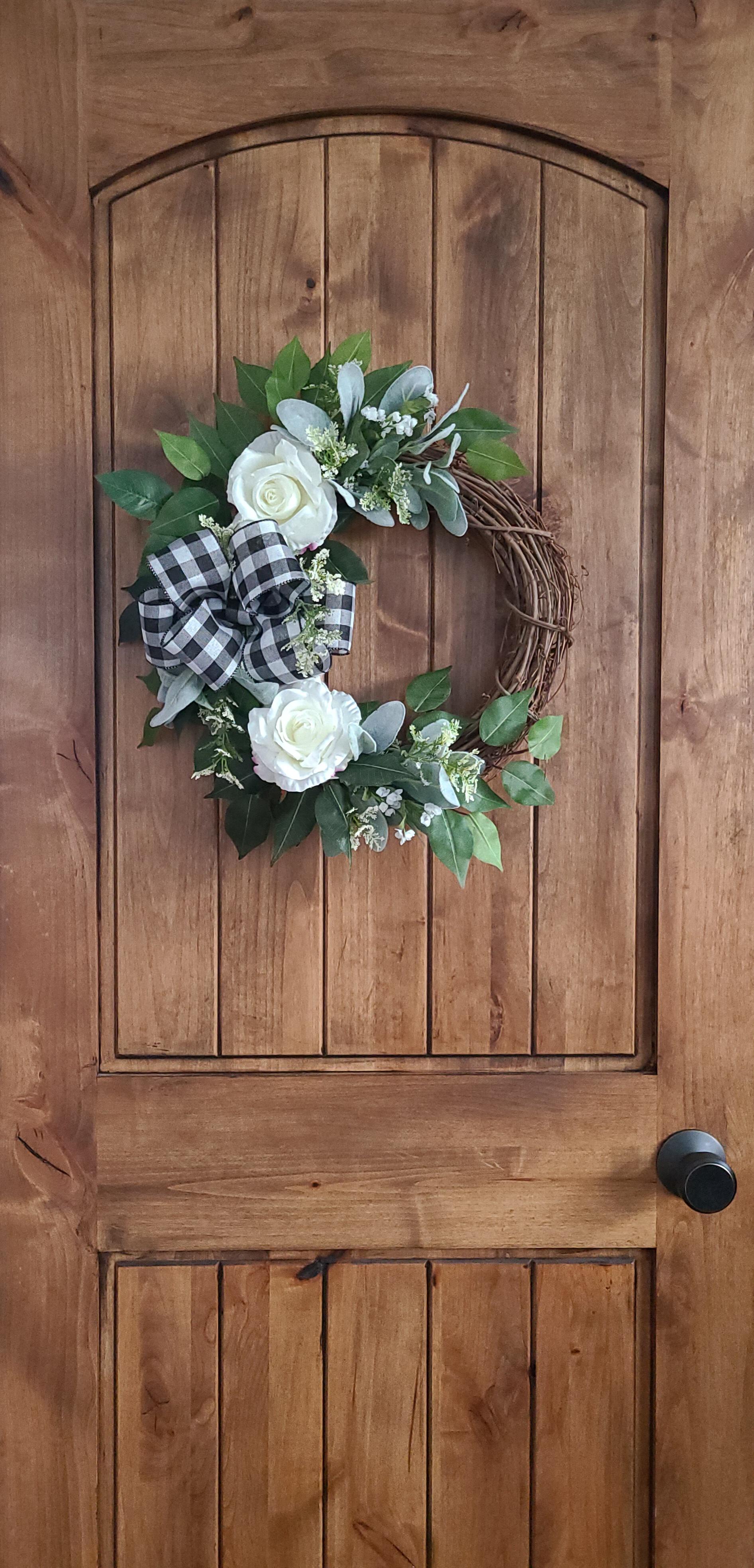 Black White Buffalo Check Wreath Hi Wreath Spring Front Door Wreath Cotton Grapevine Wreath Summer Wreath Spring Decor Rose Wreath