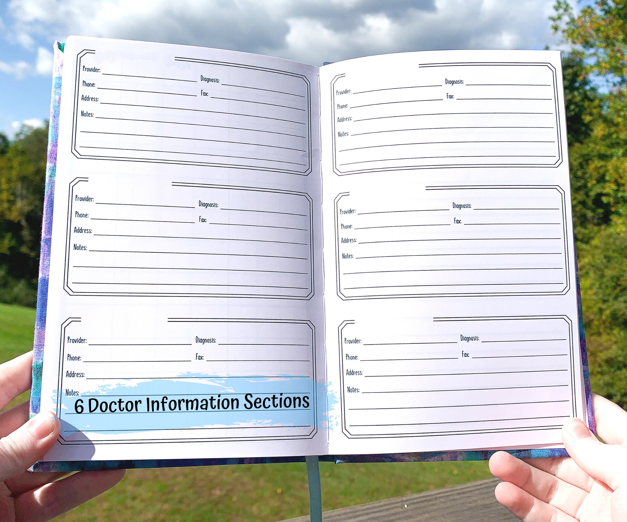 There are 6 boxes, 3 per page shown. A note say 6 Doctor Information Sections. Each box has writing lines for Provider, Diagnosis, Phone, Fax, Address, and 3 lines for notes.
