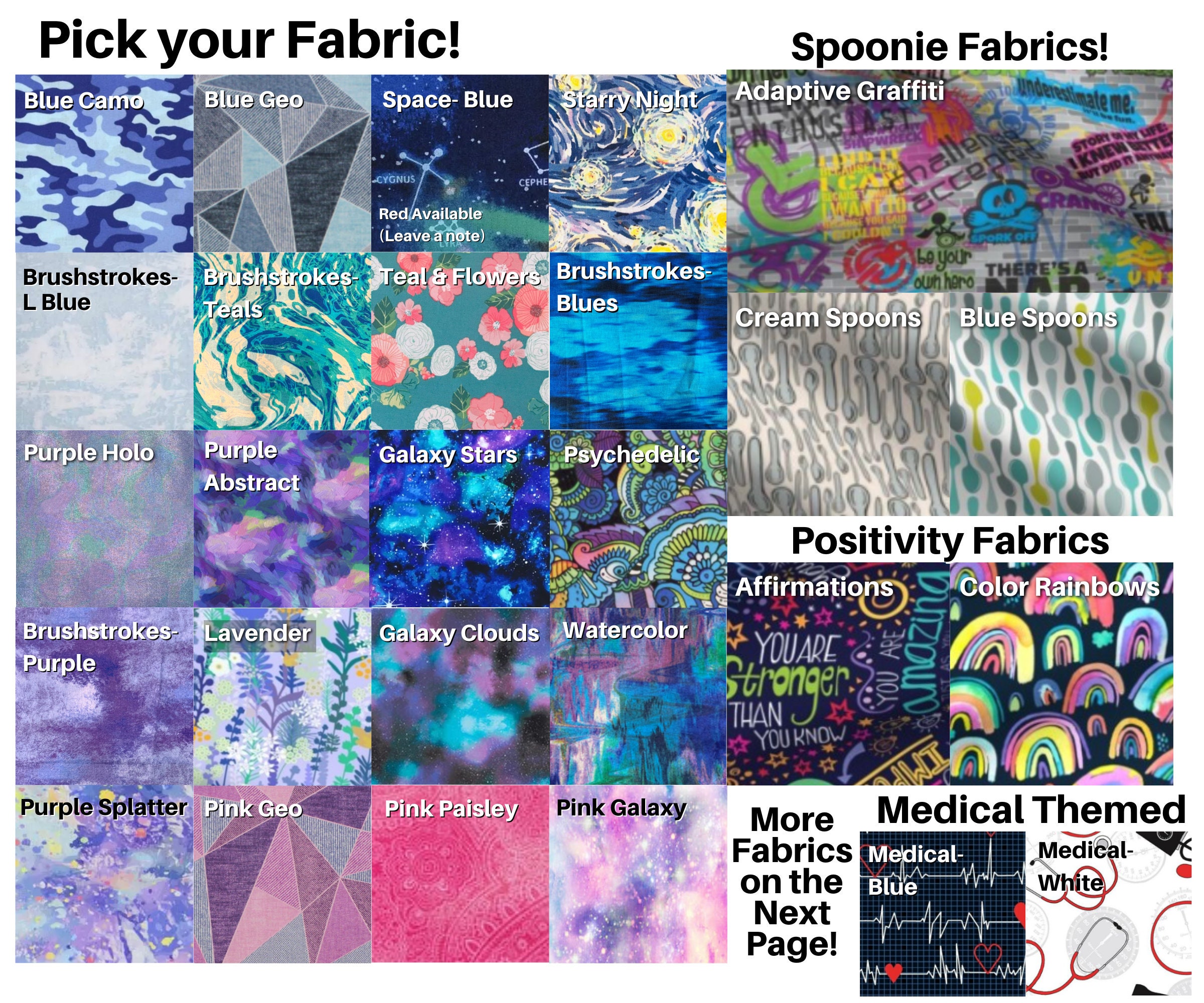 28 fabrics are shown in mostly blues and purples, some pink. There are also fabrics marked as Spoonie fabrics, positivity fabrics, and medical themed.