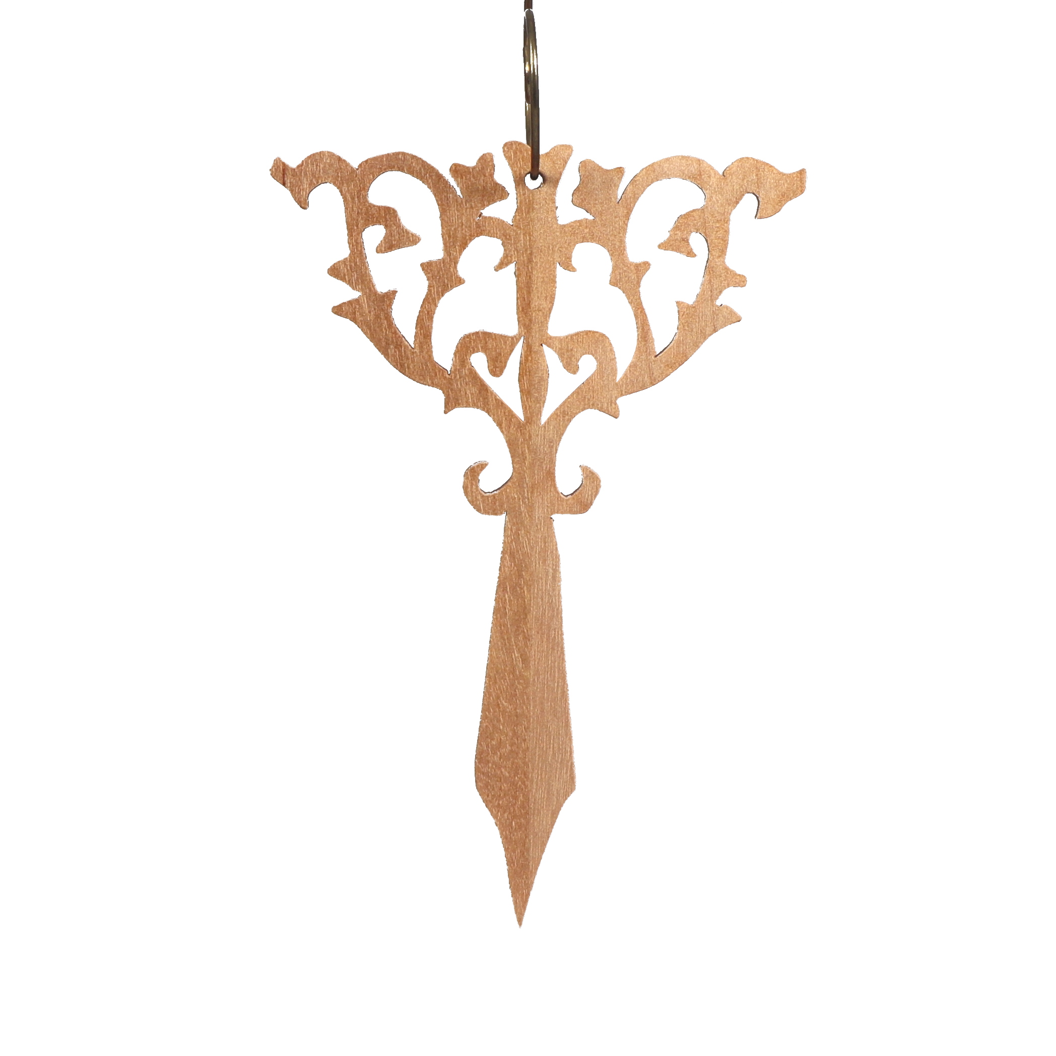 A beautiful handmade wood fretwork Christmas tree ornament in a classic Victorian icicle style. This delicate ornament is hand finished with clear shellac for a timeless look. It is the perfect addition to any Christmas tree collection.