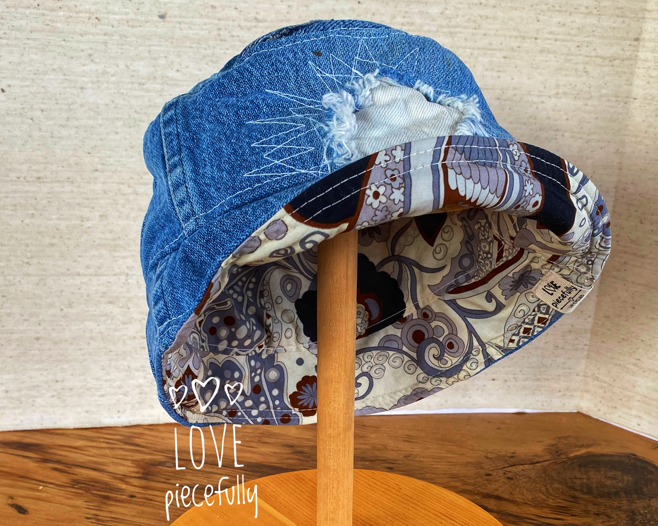 Bucket Hat with satin lining. Small streetwear boonie hat in black denim  with pink accents.