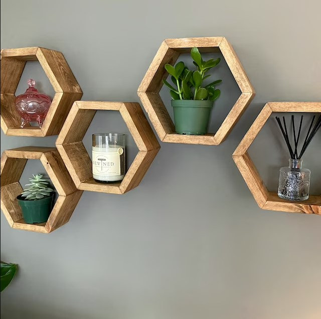 Hanging Jewelry Organizer, Jewelry Storage, Wood Hexagon Shelf, Wall Hanging Jewelry Display, Detailed Edges-Light deals Stain