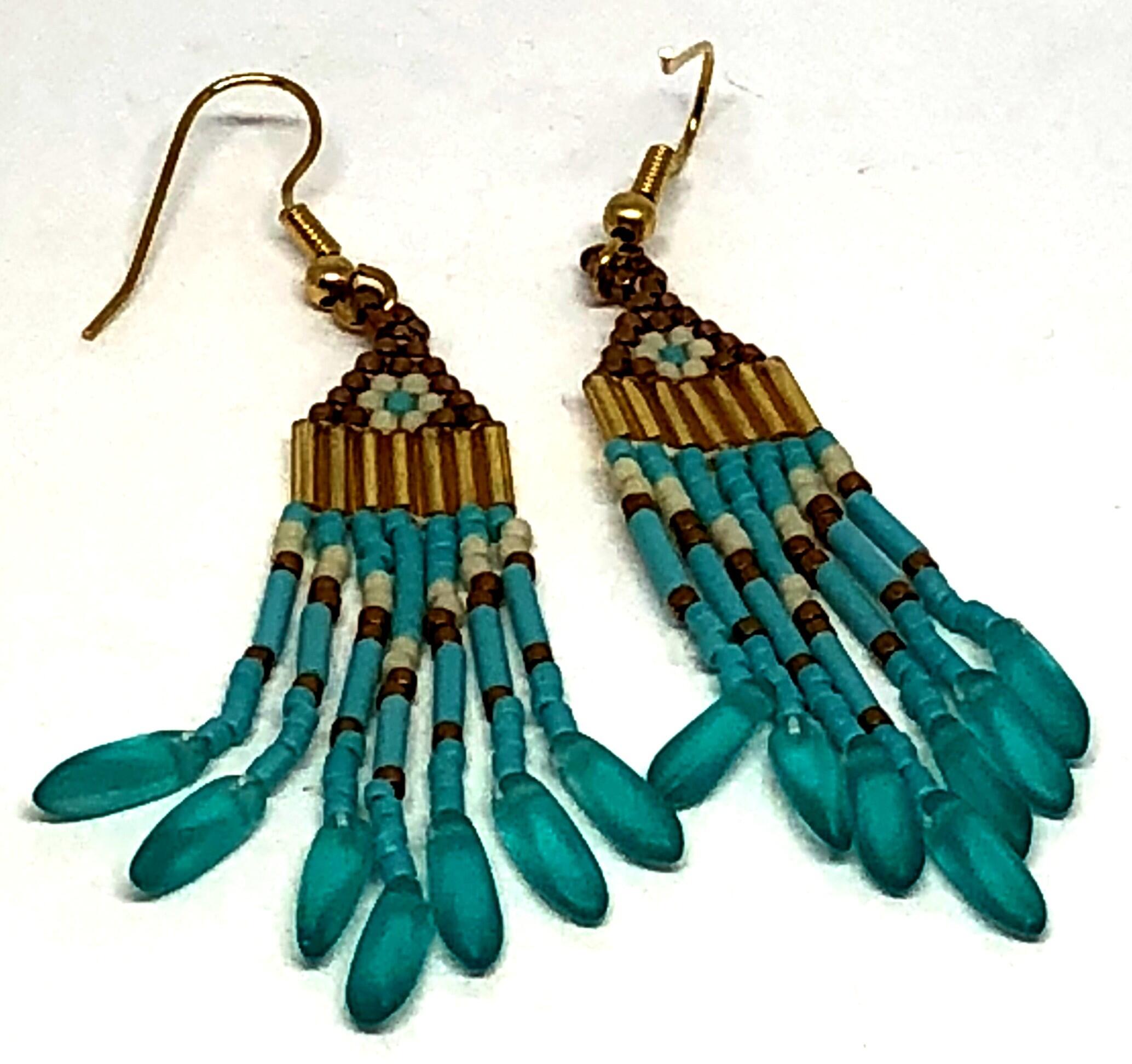 Turquoise Bronze Dagger Fringe Earrings
