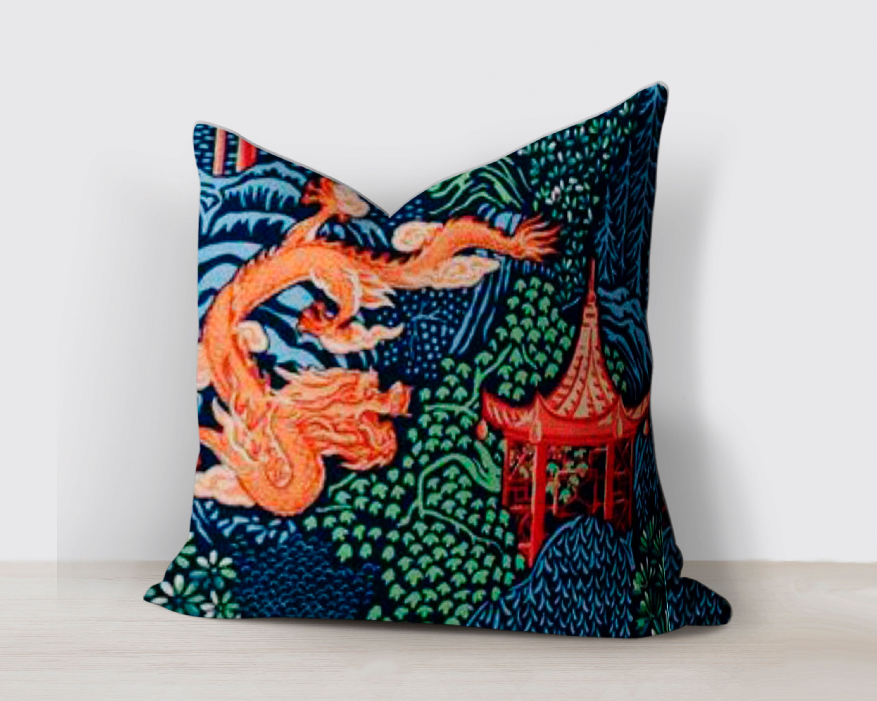 Chinoiserie Pillow / Aqua Orange 20x20 / 20x20 Cushion Cover