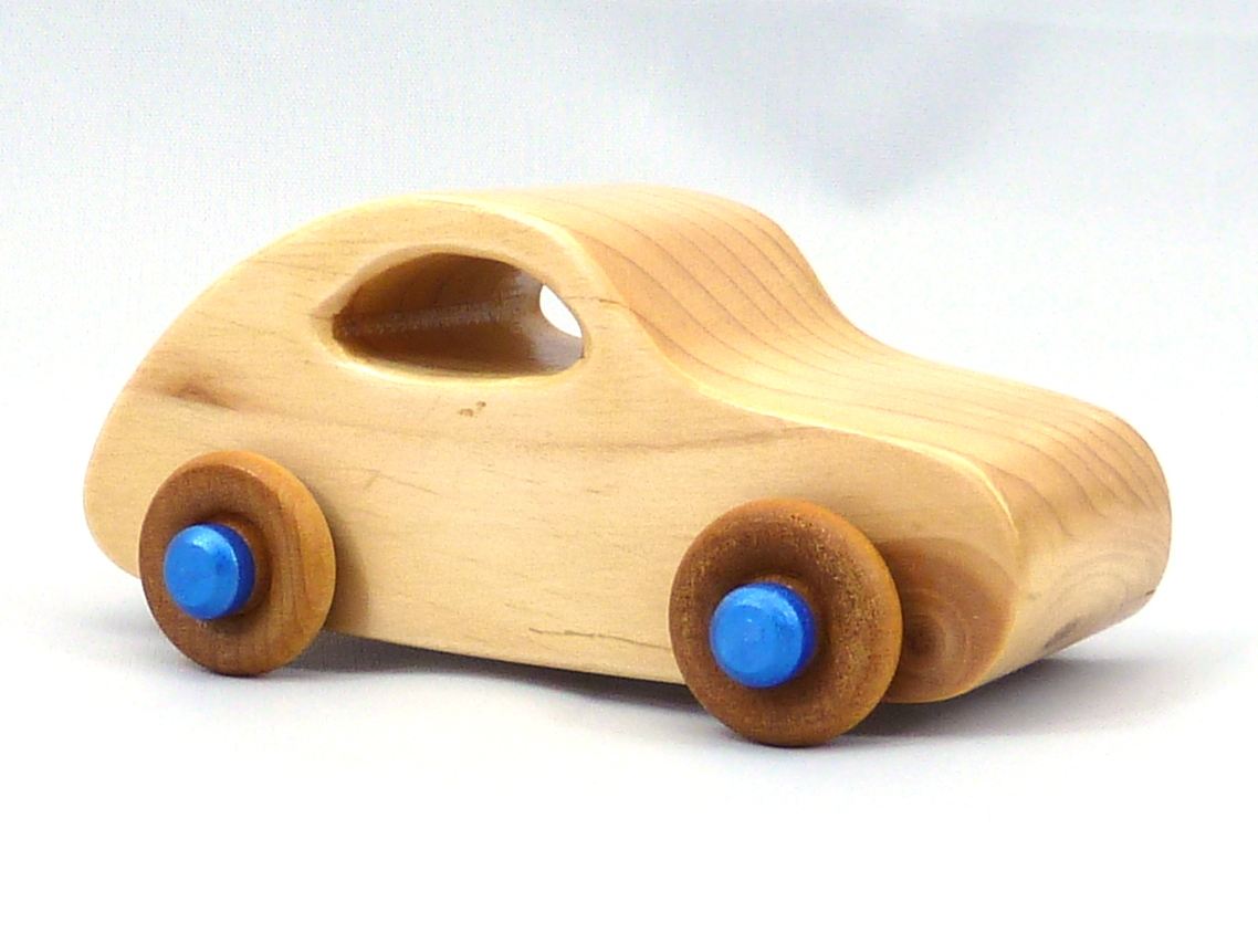 Wood Toy Car 1957 Bug Satin Polyurethane Metallic Sapphire Blue Trim Made To Order