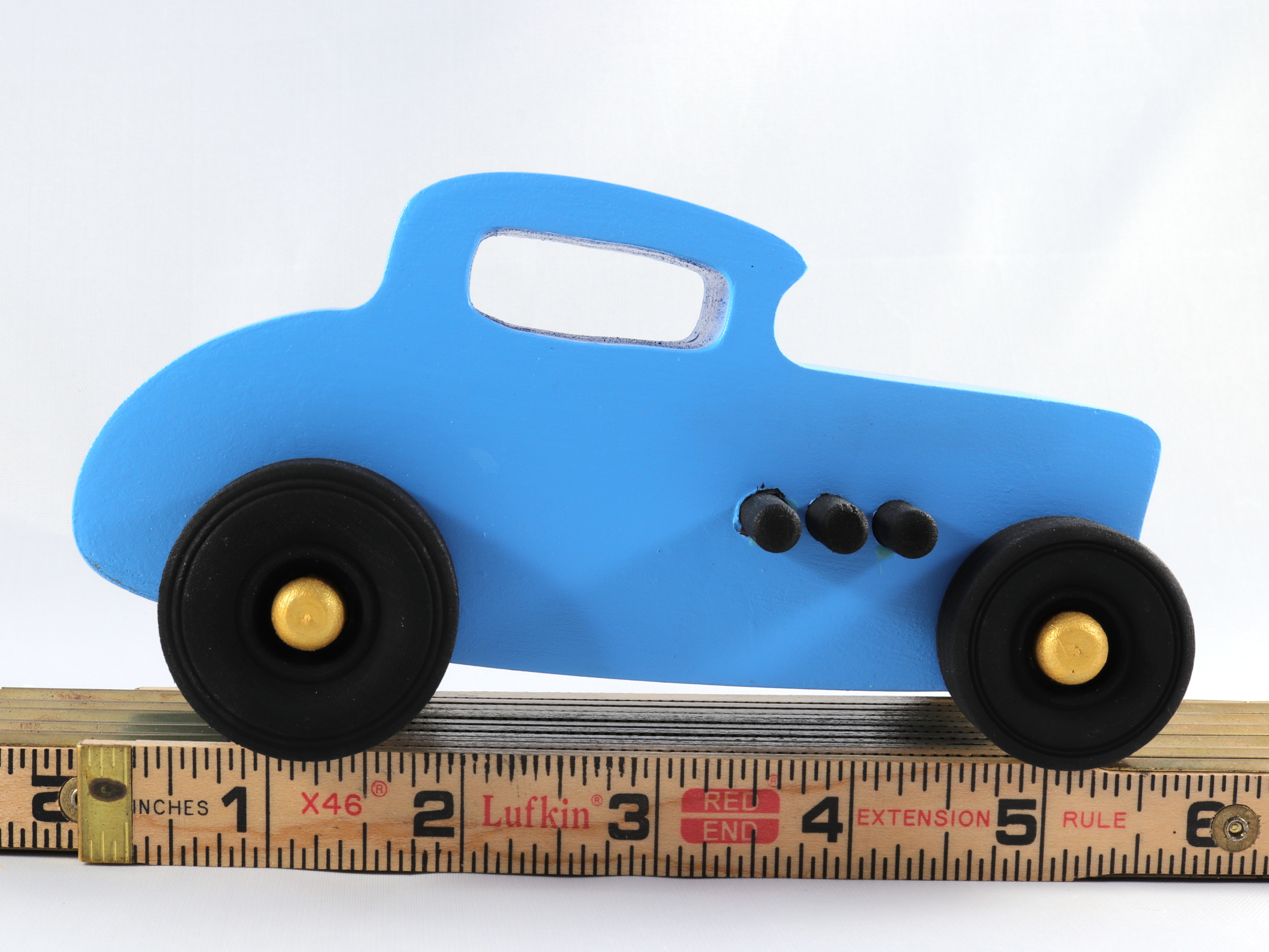 Handmade Wooden Toy Car Hot Rod 1932 Deuce Coupe, Painted With Nontoxic Baby Blue, Black, And Metallic Gold Acrylic Paint