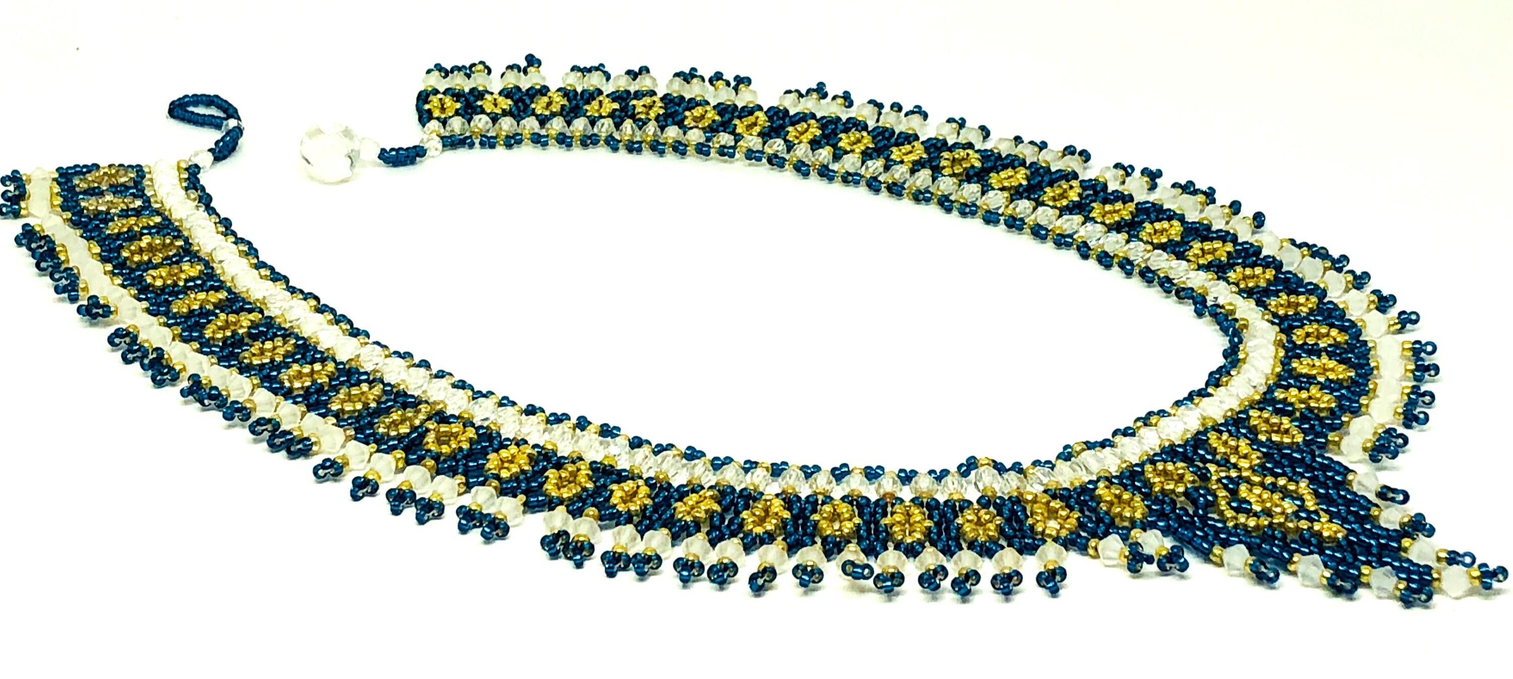 Blue White Gold Beadweaving Necklace